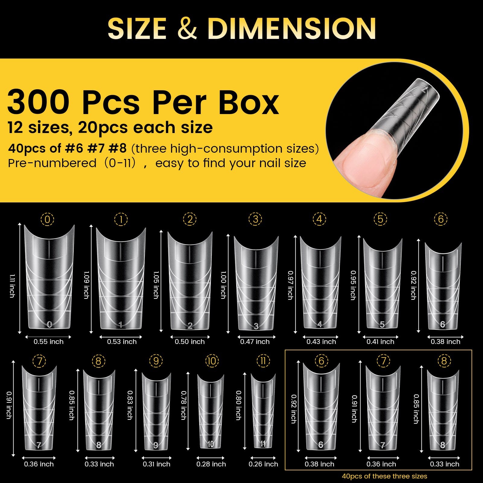 300pcs Half Cover Straight Auxiliary Line Nail Tips - 12 Different Sizes for French Manicure, Nail Art & DIY Nail Extensions - Perfect for Salon Professionals & Home Use