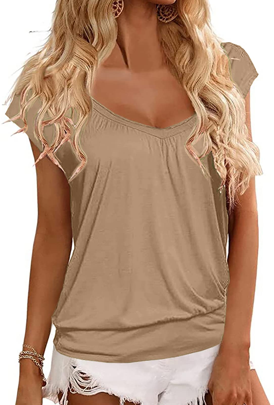 Veatzaer Women's V-Neck T-Shirt - Cap Sleeve Summer Casual Top with Banded Bottom & Loose Fit | Perfect for Everyday Wear, Beach Outings and Weekend Relaxation