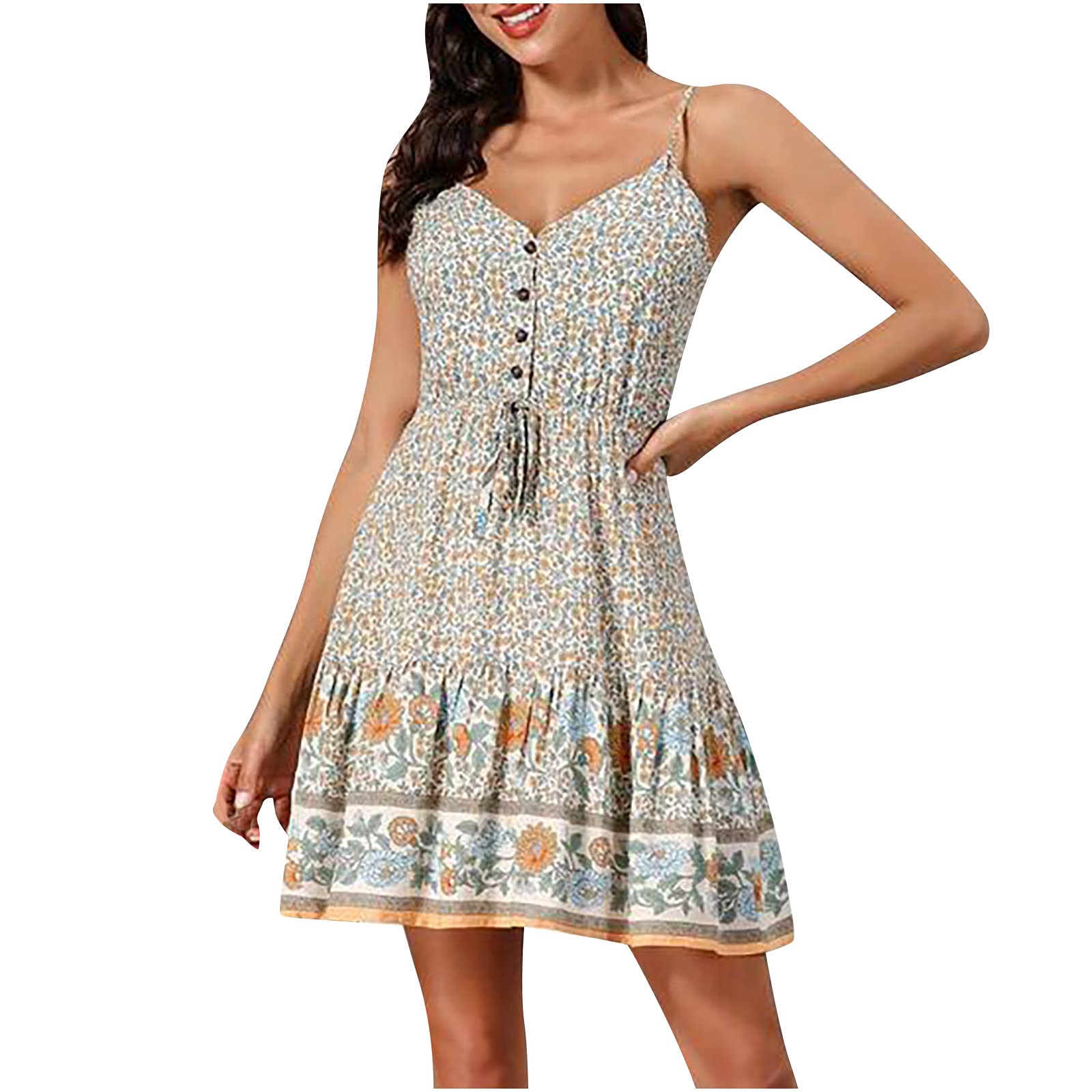Women's Sexy Boho Summer Dress - Spaghetti Strap Sleeveless Sundress with Drawstring & Buttons | Beach Vacation, Music Festival, Casual Outing, Date Night Outfit