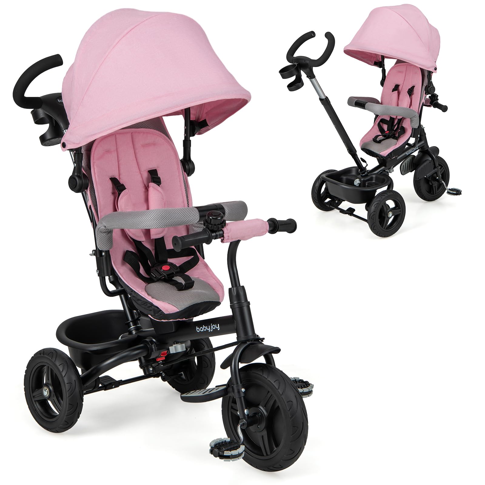 BABY JOY 6-in-1 Convertible Toddler Tricycle with Reversible Seat, Adjustable Canopy & Parent Push Handle - 5-Point Safety Harness, PU Wheels & Storage Basket - Pink Ride-On Toy for Kids 9-60 Months - Perfect for Park Outings, Neighborhood Walks & Outdoor Family Fun
