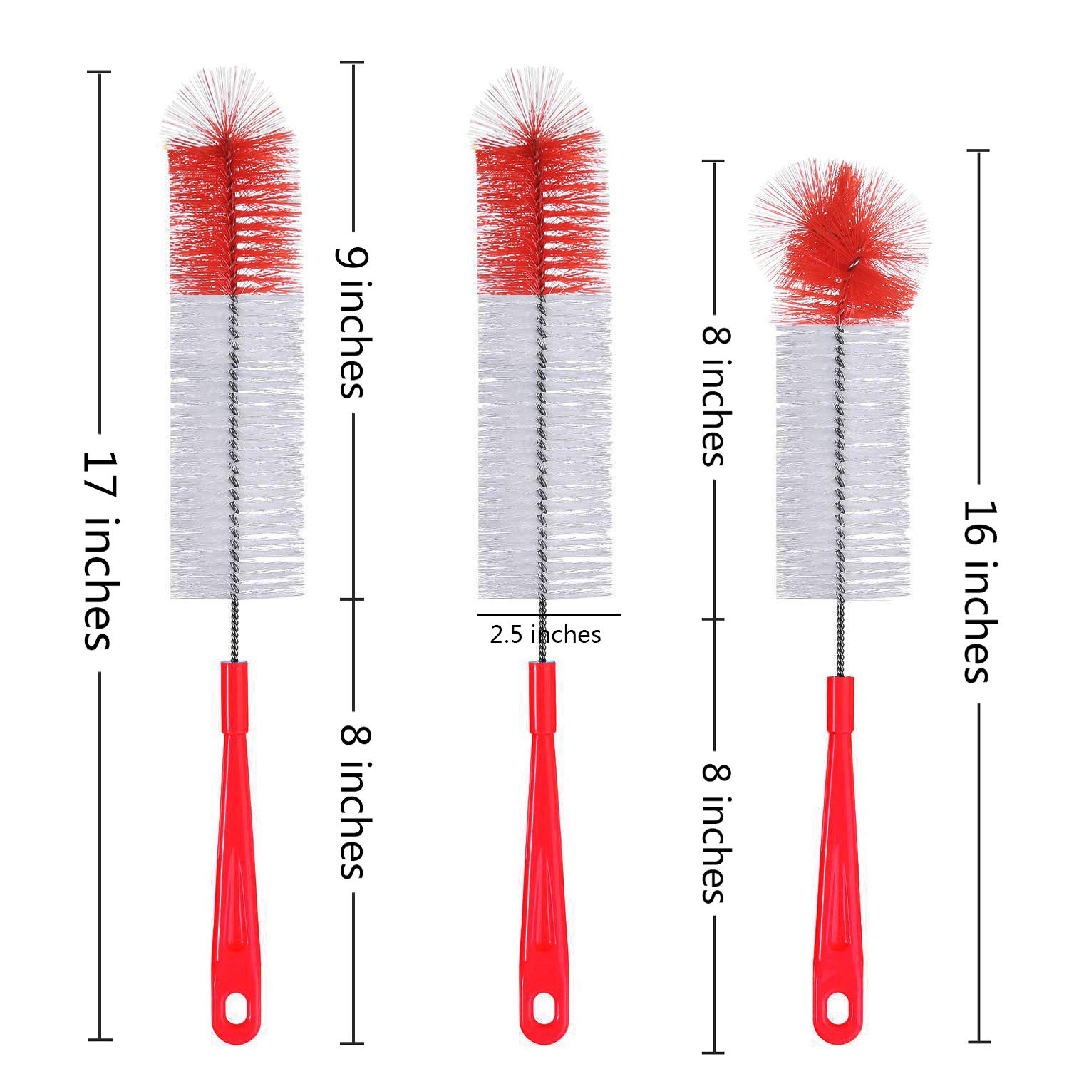 ALINK 3-Pack Long Red Bottle Brush for Beer, Wine, Hydroflask - 16/17 Inches - Perfect for Narrow Neck Cleaning