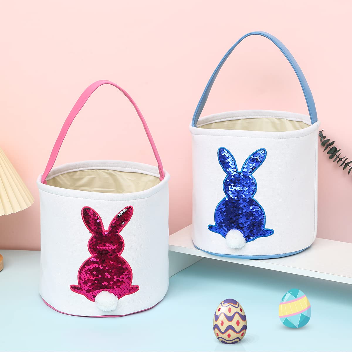 Easter Bunny Basket Bag for Kids - Sequin Rabbit Pattern Egg Hunt Bag with Fluffy Tail - Personalized Canvas Cotton Bucket for Easter Eggs, Candy & Gifts (Blue) - Perfect for Easter Egg Hunts, Party Favors & Spring Celebrations