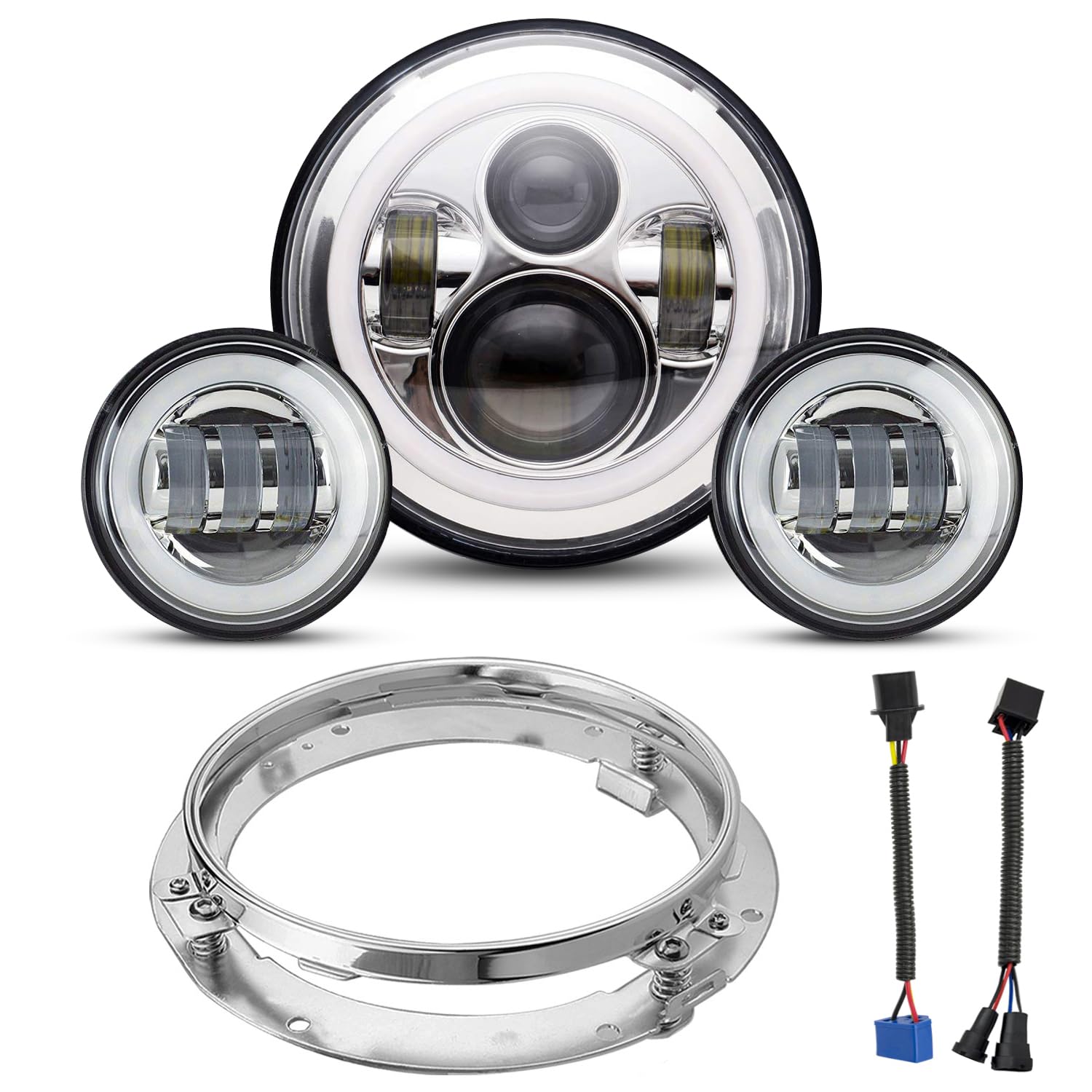 YEEGO DIRECT 7 inch Motorcycle LED Headlight & 4.5 inch Fog Lights - DOT Approved, Compatible with Harley Davidson Road King, Ultra Classic, Electra Glide, Street Glide, Trike, CVO, Heritage Softail, Slim, Deluxe, Fatboy (Silver) - High Visibility for Night Riding & Foggy Conditions