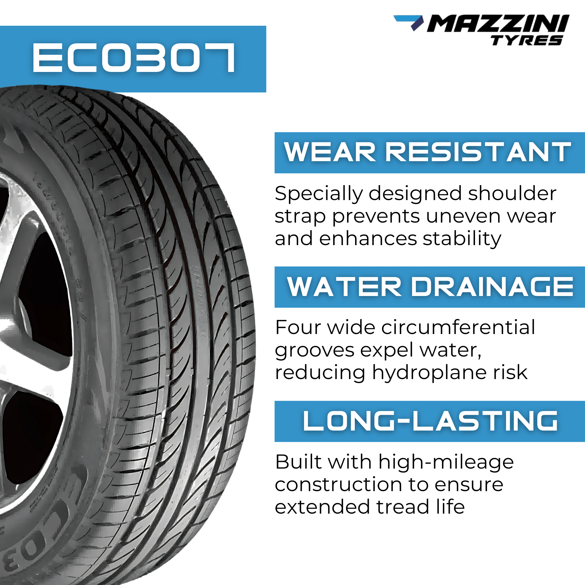 Mazzini Eco307 175/70R14 84T All-Season Tire - Durable & Fuel-Efficient for Sedans & Compact Cars - Perfect for Daily Commuting & Highway Driving