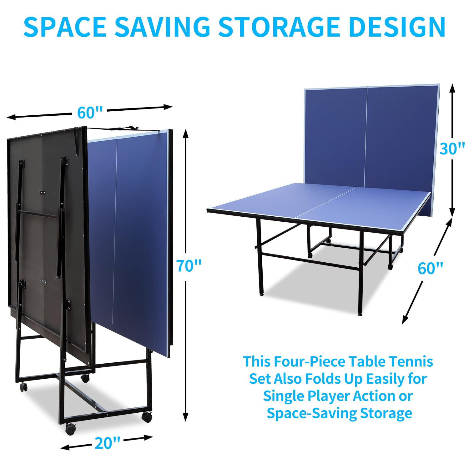 Rakon Blue Folding Ping Pong Table with Wheels - Indoor/Outdoor Table Tennis Set Includes 2 Rackets, 3 Balls & Net - Portable Design for Easy Storage & Transport - Perfect for Backyard, Garage, or Recreation Room Games