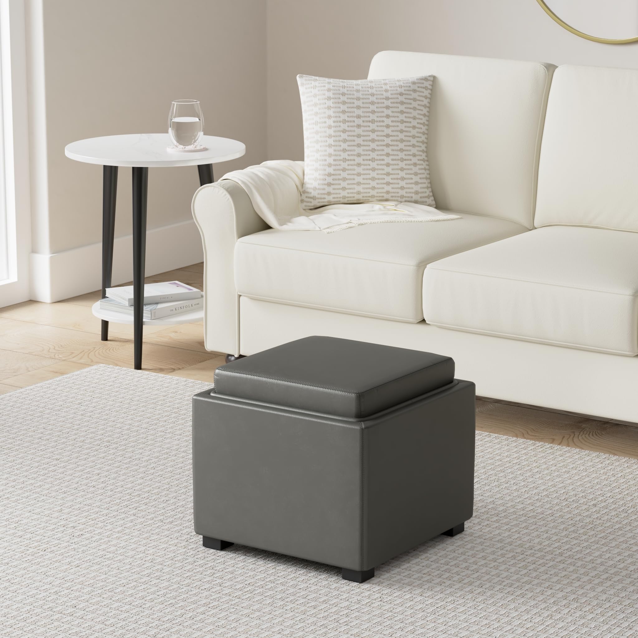 Cortesi Home Mavi Grey Wood Top Storage Cube Ottoman with Bonded Leather - Stylish Living Room Footrest, Bedroom Storage, and Coffee Table Organizer