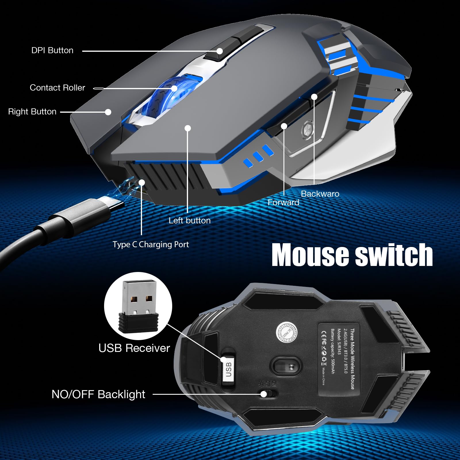 Wireless Bluetooth Mouse Rechargeable - 7-Button Ergonomic RGB Gaming Mouse with 3 Modes for Laptop, Mac, PC, Chromebook, iPad, Tablet - Perfect for Office Work, Gaming & Travel (Gray)