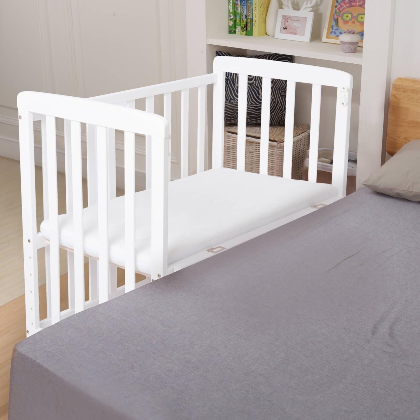 **Pine Wood Baby Bassinet Bedside Sleeper - Adjustable 6 Height Co-Sleeper Crib with Mattress for Newborns & Infants | Portable Nursery Bed for Safe Sleep, Breastfeeding & Room Sharing (White)**