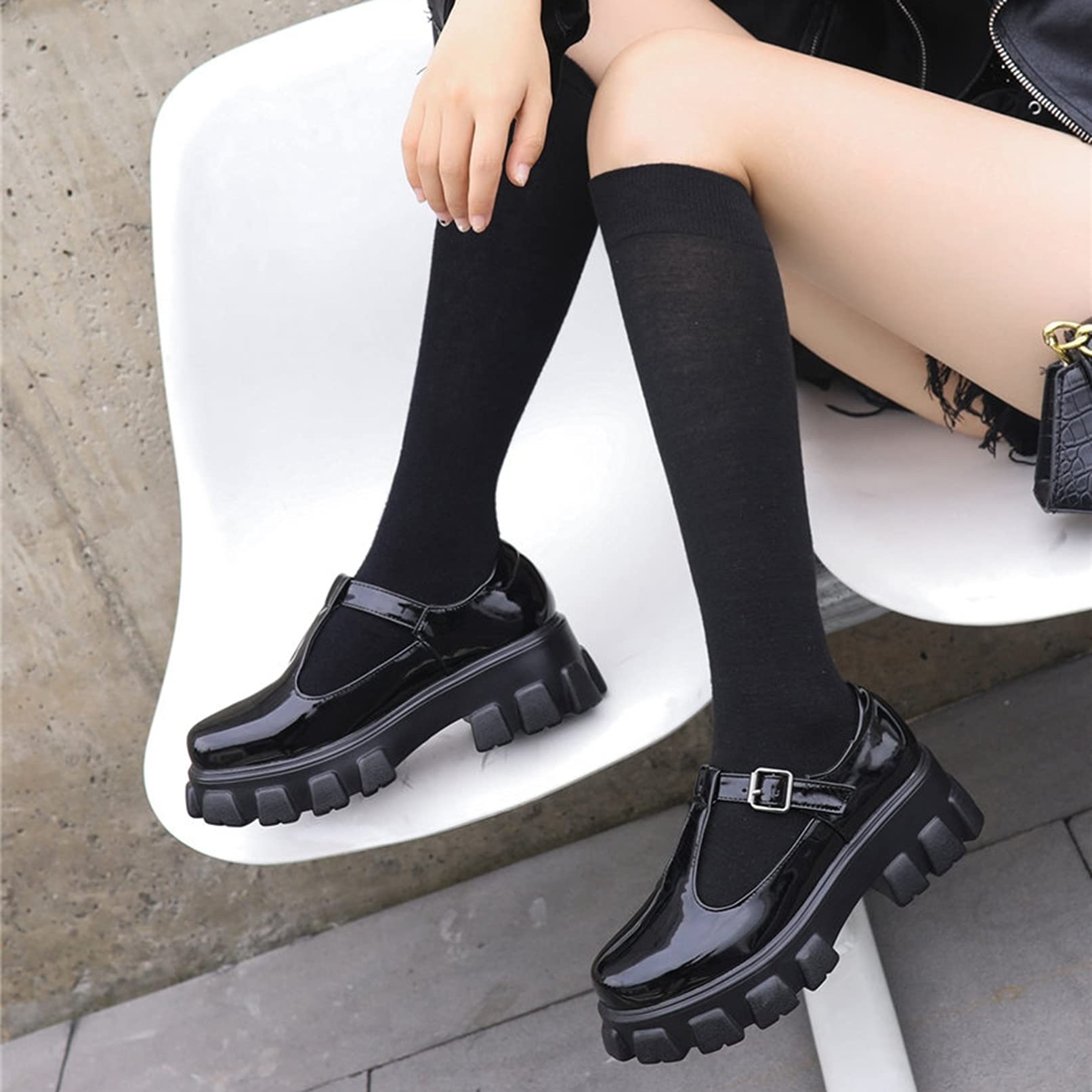 Hoxekle Women's Platform Mary Jane Shoes - Casual Synthetic Leather T-Strap Flats for Girls | Comfortable School Uniform Shoes & Everyday Wear