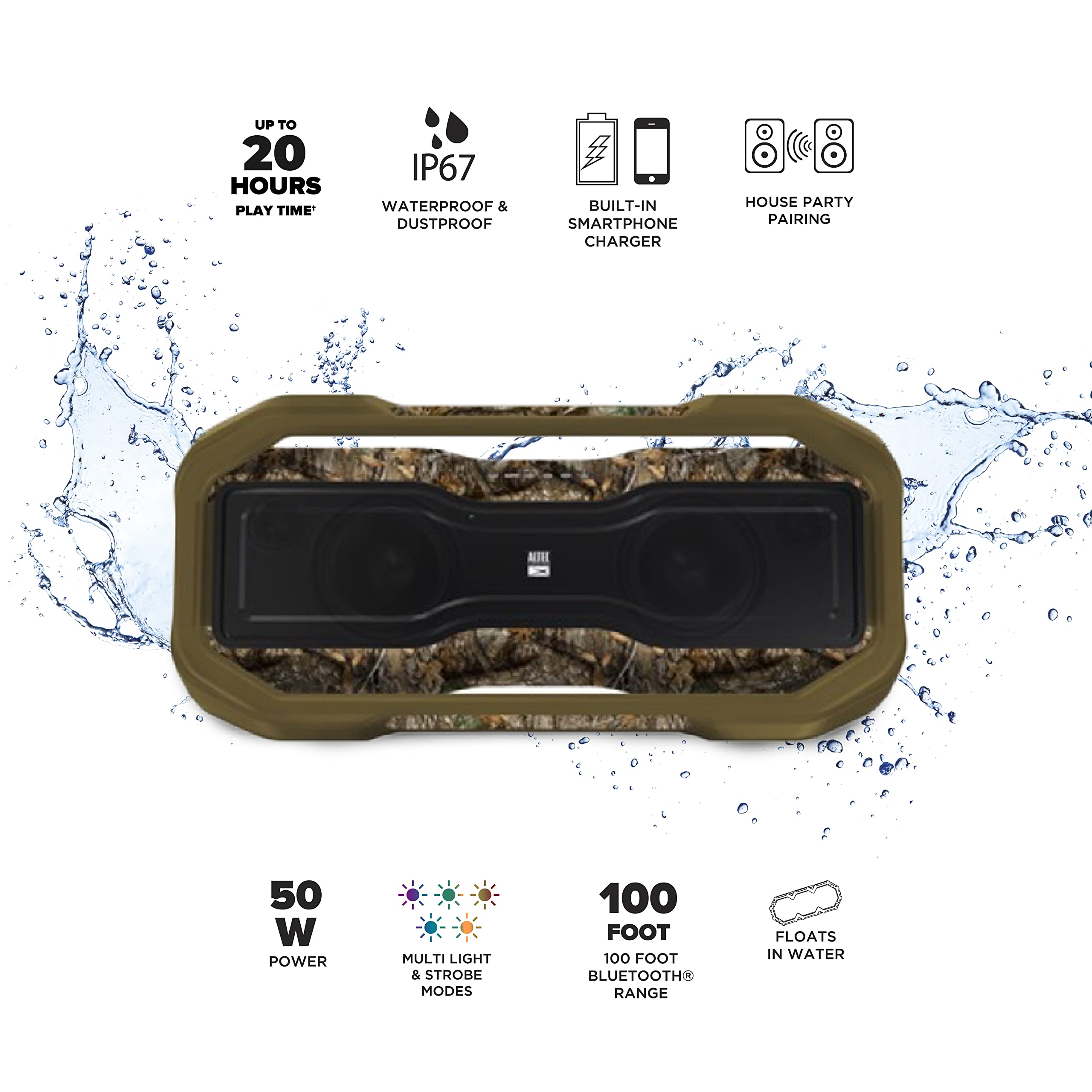 Altec Lansing x Realtree ROCKBOX XL Wireless Bluetooth Speaker - Portable Waterproof Speaker with 20-Hour Playtime, 5 LED Light Modes & Floating Design - Perfect for Pool Parties, Camping, Beach Outings & Outdoor Adventures