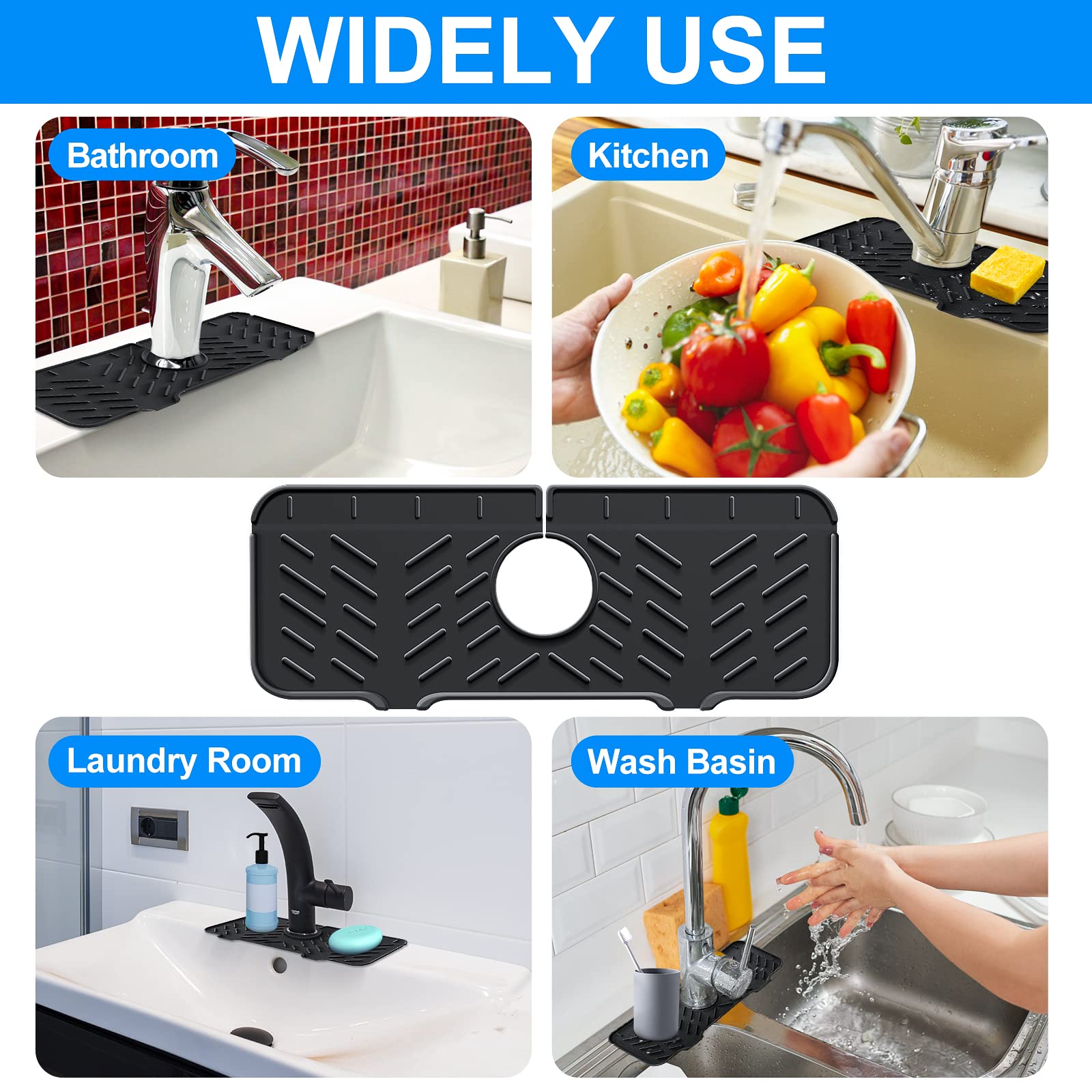 2 Pack Silicone Kitchen Sink Splash Guard - Non-Slip Faucet Splash Catcher & Draining Pad for Kitchen, Bathroom, Bar, RV - Perfect for Washing Dishes, Food Prep & Handwashing to Keep Countertops Dry