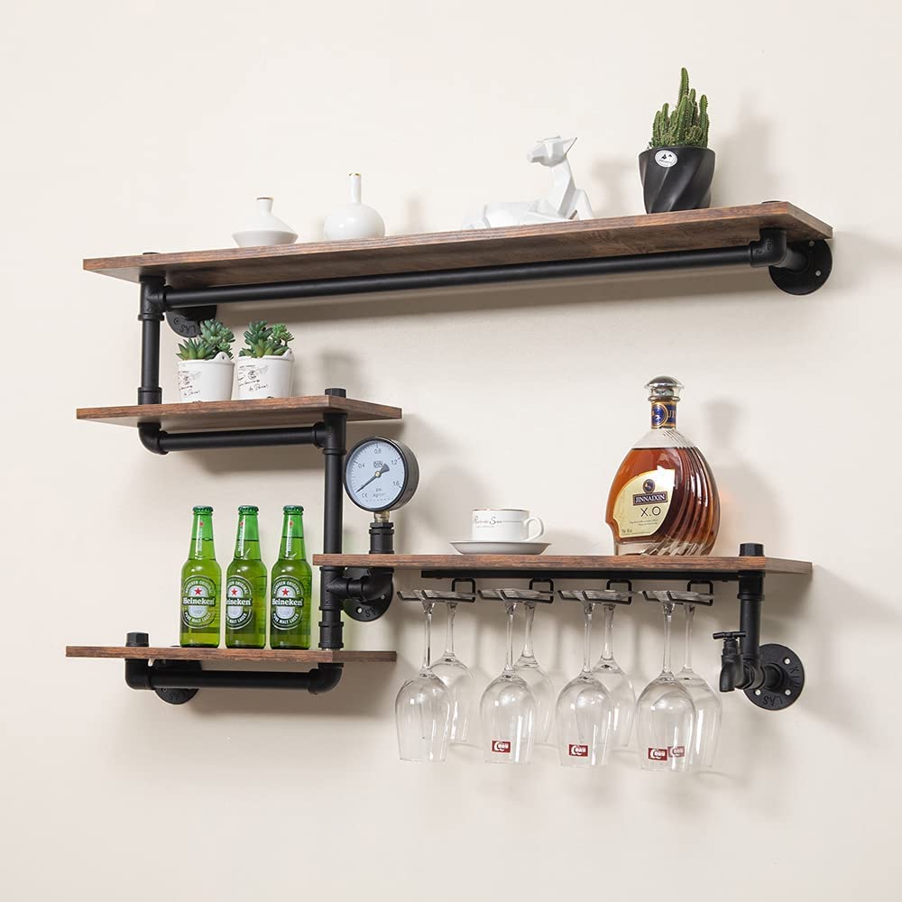 Industrial Pipe Shelves Wine Rack - 39in Wall Mounted Metal Hanging Shelf with 4 Stem Glass Holder, Rustic Floating Pipe Shelf for Living Room, Kitchen, Bar Decor - Perfect for Wine Storage, Glass Display & Home Organization