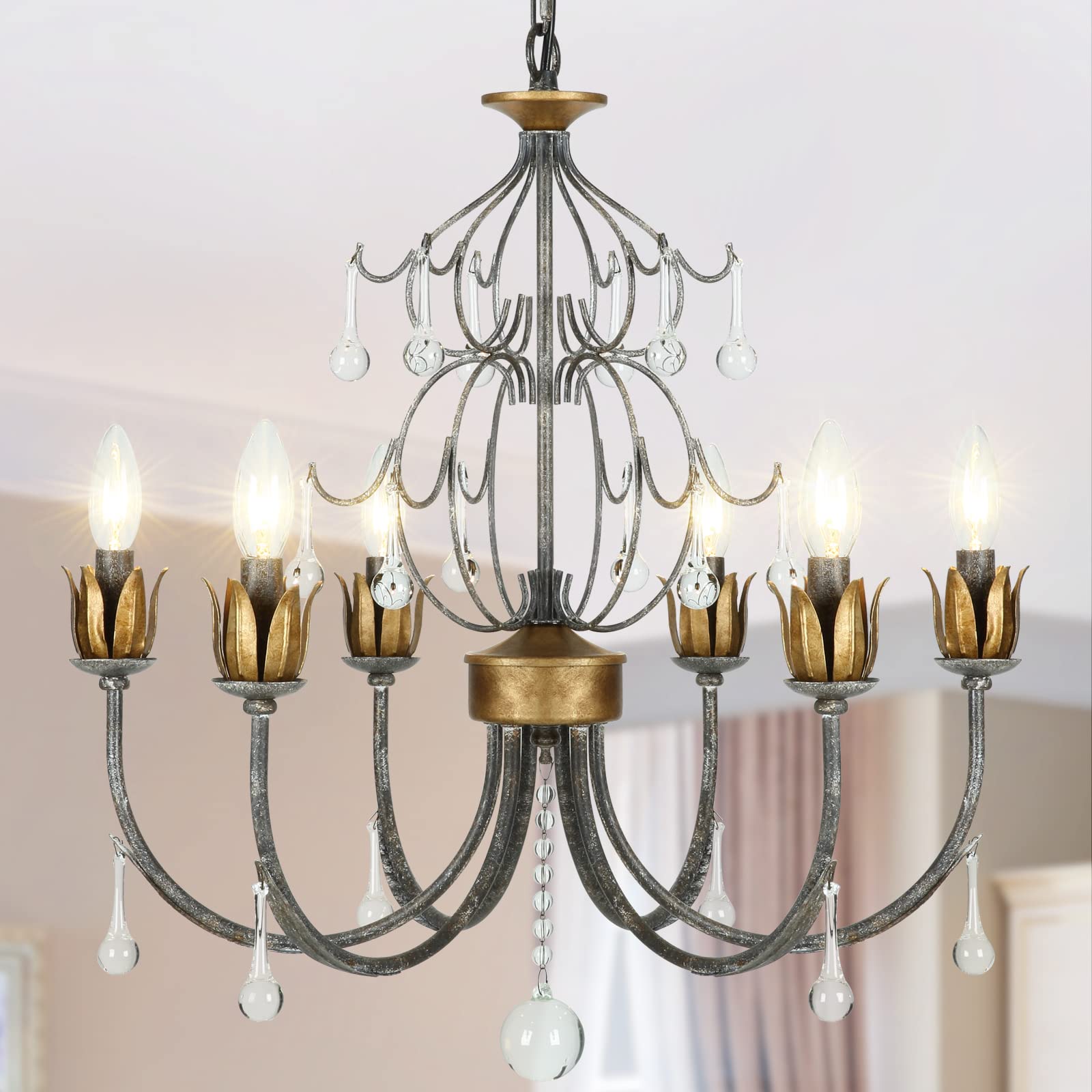 FinExpect 6-Light Farmhouse Chandelier - 2-Tier Antique Wrought Iron Crystal Pendant Rustic Lotus Candle Style Lighting Fixture - 21.6