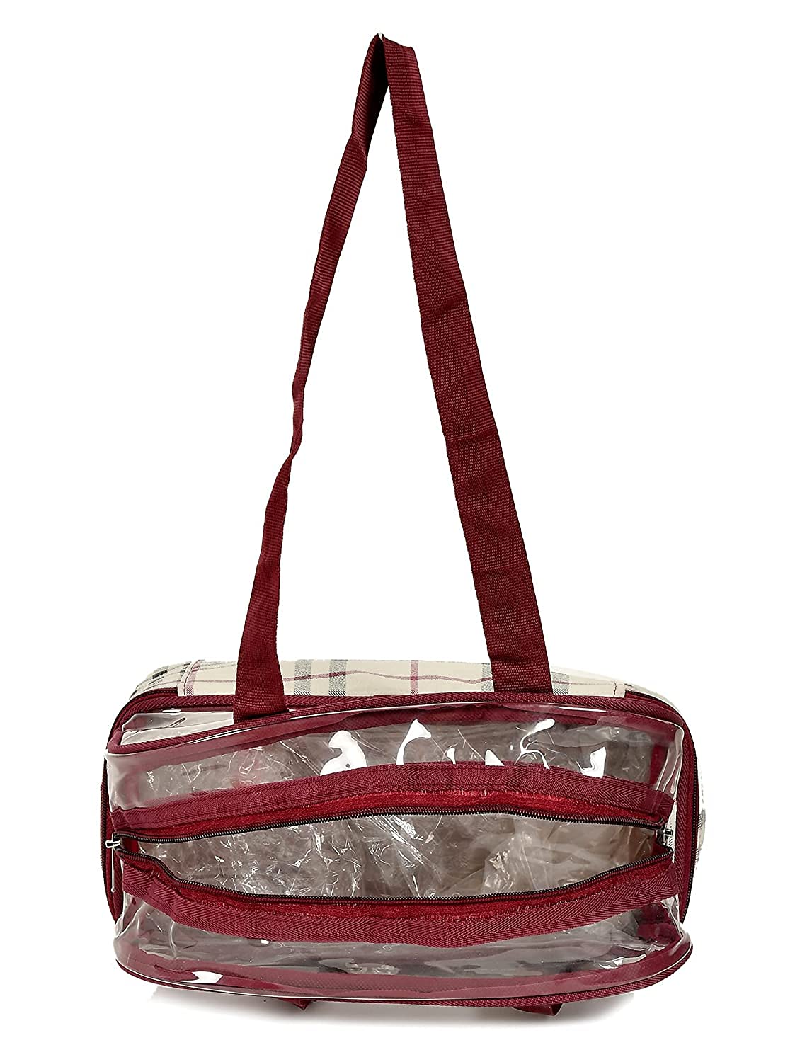 Kuber Industries Double Layer Travel Toiletry Bag & Makeup Organizer for Women - Waterproof Cosmetic Bag with Check Design, Pack of 2 (Maroon) - Perfect for Vacation, Gym, Business Trips & Daily Essentials Storage