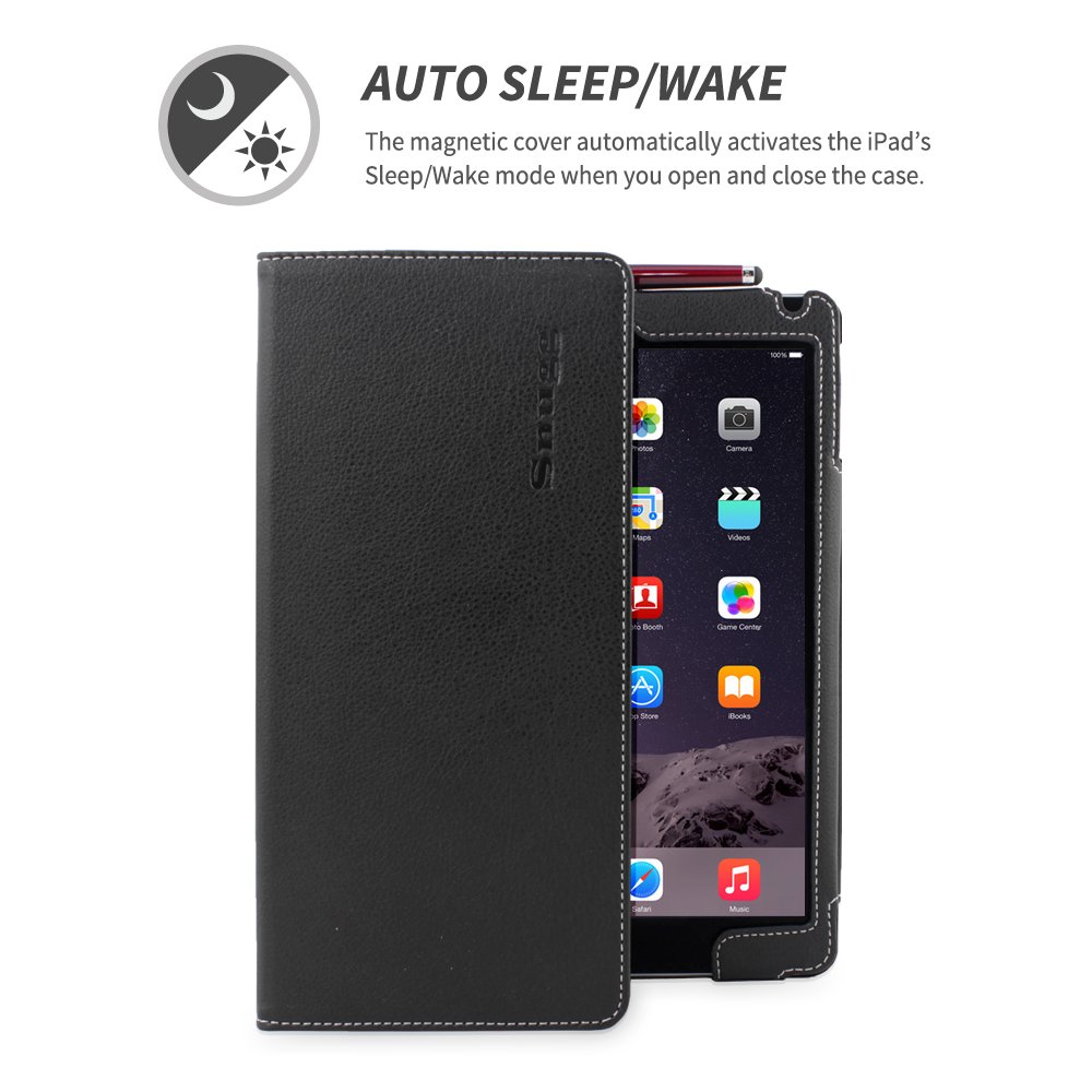 Premium Leather Smart Case for Apple iPad Air 2 - Snugg Executive Black Protective Cover with Auto Wake/Sleep Function & Flip Stand | Perfect for Business, Travel, and Home Use