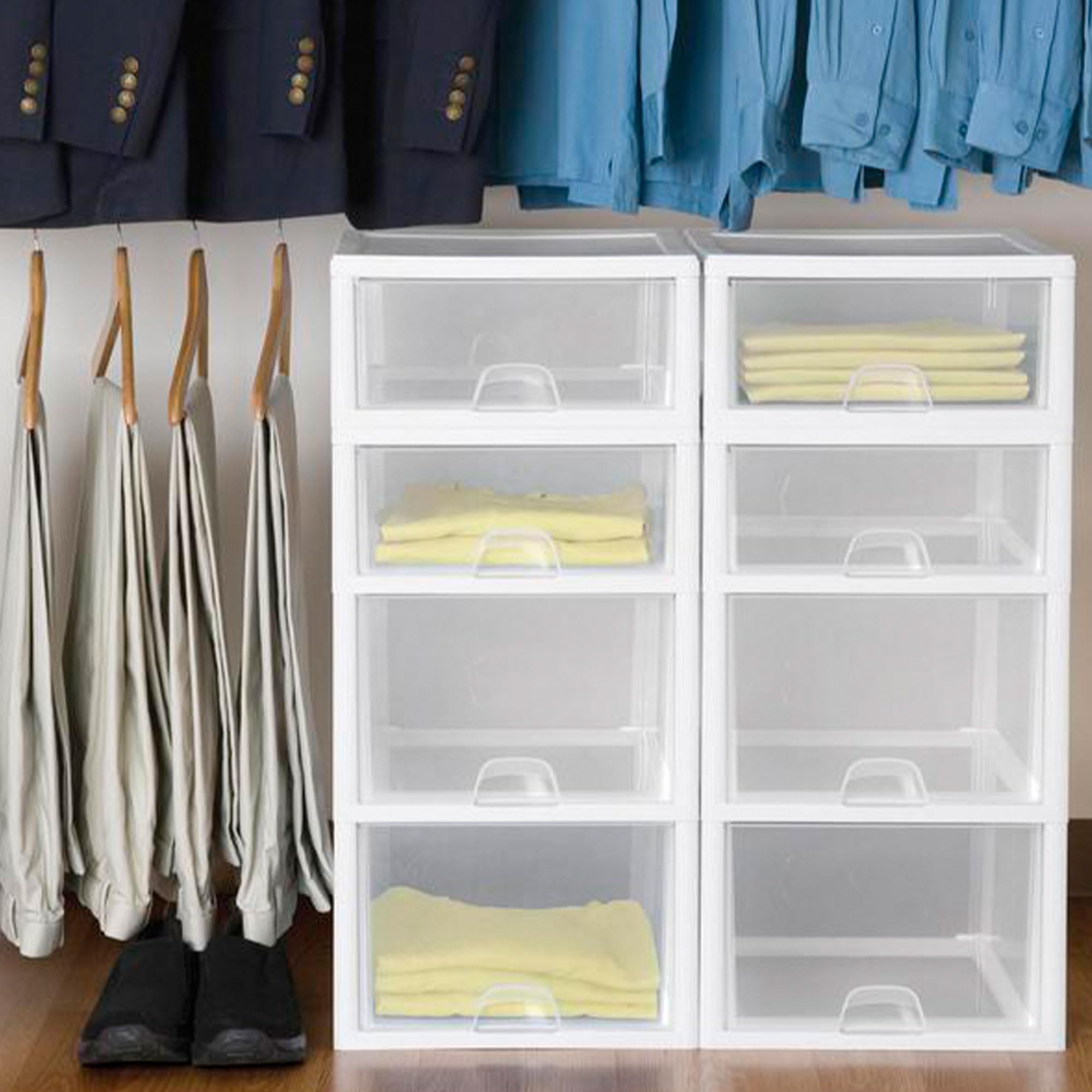 Sterilite 27 Quart (4 Pack) & 16 Quart (6 Pack) Clear Plastic Stackable Storage Drawers - White Organizer Bins for Home, Office & Closet Organization