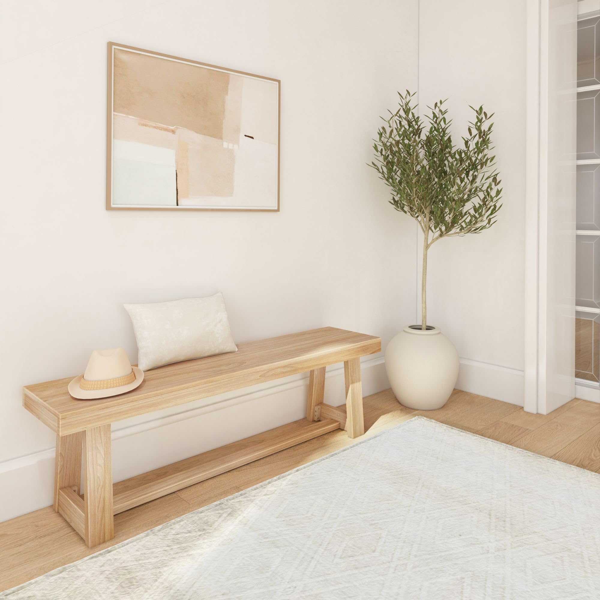 60 Inch Solid Wood Farmhouse Dining Bench by Plank+Beam - Rustic Entryway, Kitchen, Outdoor & Living Room Furniture - Easy Assembly Blonde Wirebrush Finish - Perfect for Dining Rooms, Home Offices & Patio Seating