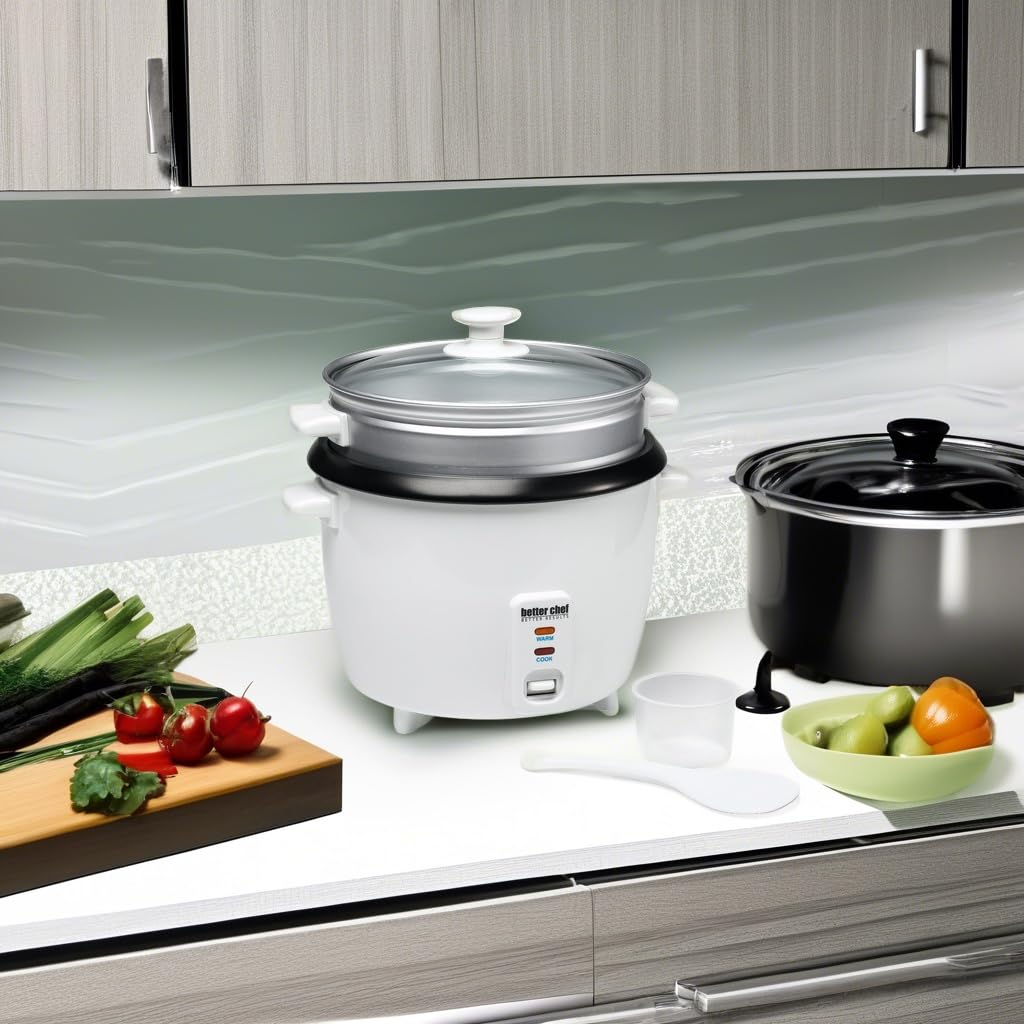 Better Chef 20-Cup Rice Cooker with Food Steamer - Non-Stick Inner Pot, Glass Lid & Cool-Touch Handle - Includes Measuring Cup & Paddle - Perfect for Family Dinners, Meal Prep & Healthy Cooking (White)