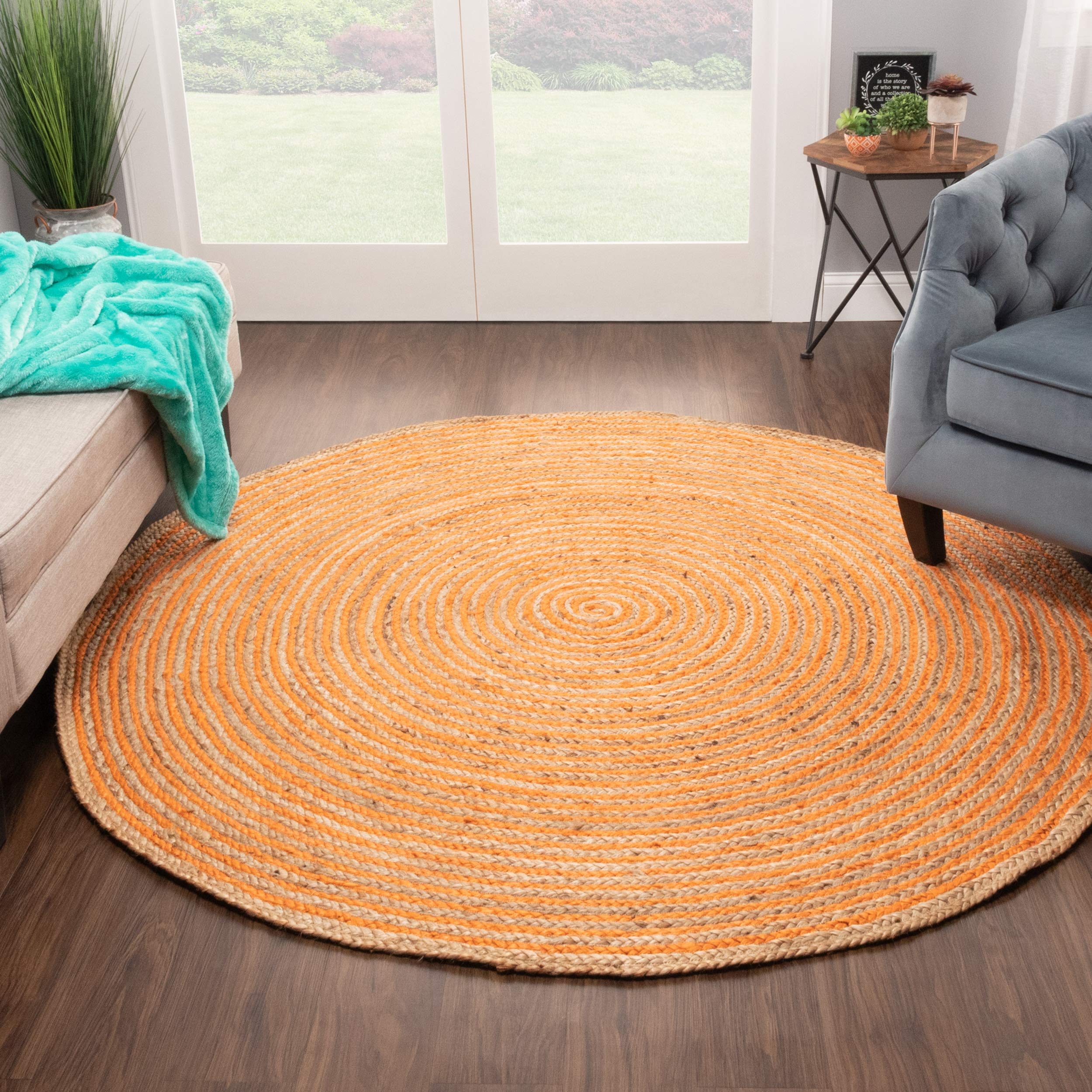 Premium Handwoven Braided Jute Area Rug - Natural Orange 8' Round Indoor Floor Mat for Living Room, Dining Room, Bedroom & Office - Eco-Friendly Farmhouse Decor Perfect for Cozy Home, Boho Style Spaces & High-Traffic Areas