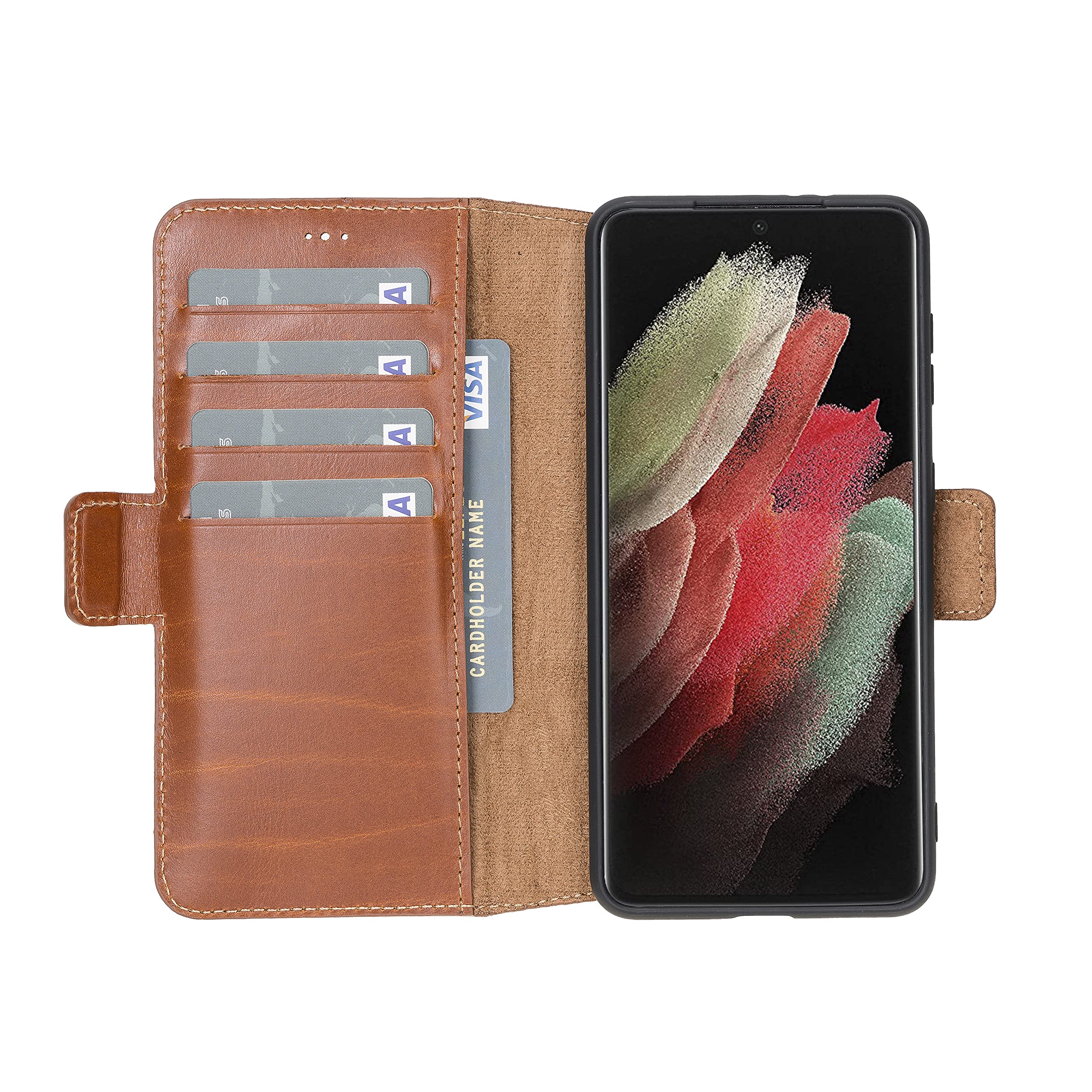 Premium Full Grain Leather Wallet Case for Samsung Galaxy S21 - Magnetic Flip Folio Cover with Card Holder & Kickstand (Rustic Tan) | Business & Travel Protection
