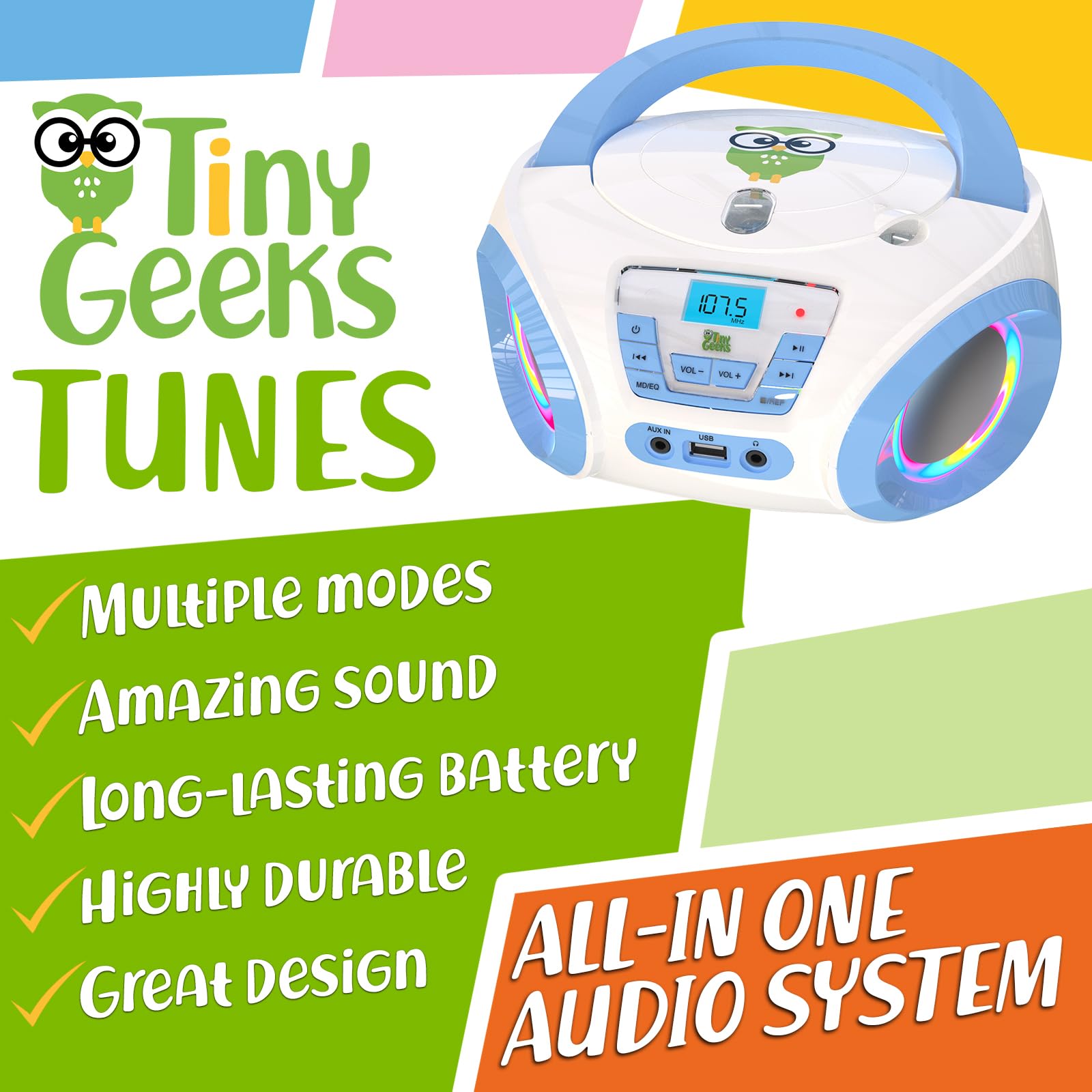 2023 New Kids Boombox CD Player with FM Radio & Built-in Speakers - Portable Music Player for Children & Toddlers (Blue & White) - Perfect for Bedroom Playtime, Road Trips & Birthday Gifts - Batteries Included
