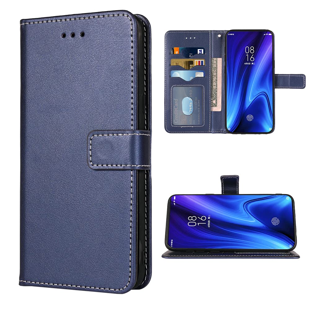 Premium Leather Wallet Case for Xiaomi Mi 9T/Mi 9T Pro/Redmi K20/K20 Pro - Flip Cover with Card Holder, Wrist Strap & Stand Function (Blue) - Perfect for Daily Use, Travel & Hands-Free Viewing