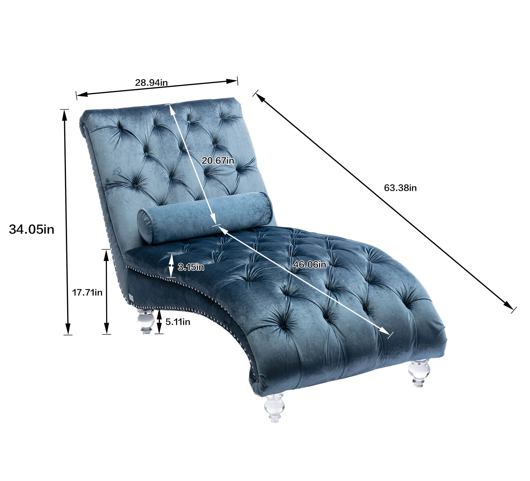 Tufted Velvet Chaise Lounge Chair for Living Room & Bedroom - Upholstered Sofa with Waist Pillow & Acrylic Feet - Curved Cushion Fabric Sleeper Chair (Light Blue) - Perfect for Relaxing, Reading & Small Space Decor