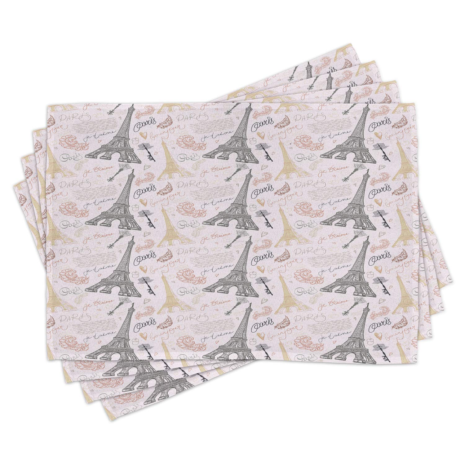 Ambesonne Paris Themed Place Mats Set of 4 - Eiffel Tower Sketch with Hand Lettering, Washable Fabric Placemats for Dining Table & Kitchen Decor | Perfect for French-Themed Dinners, Romantic Date Nights & Parisian Home Decor