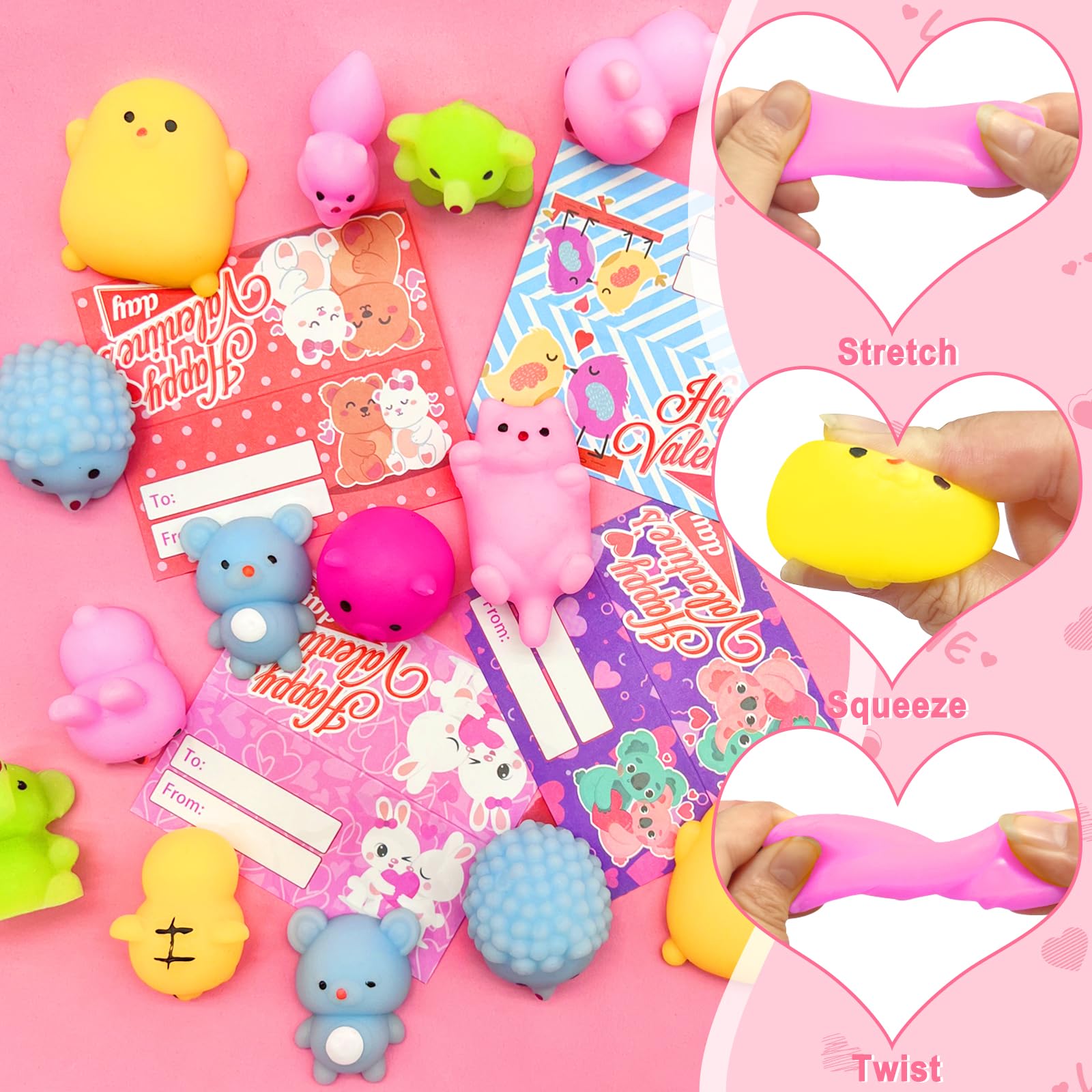 36 Pack Valentine's Day Cards for Kids with Cute Animal Mochi Squishies - Classroom Exchange Gifts, Party Favors & Stress Relief Toys for Boys and Girls - Perfect for Valentine's Day Celebrations, School Activities and Sensory Play
