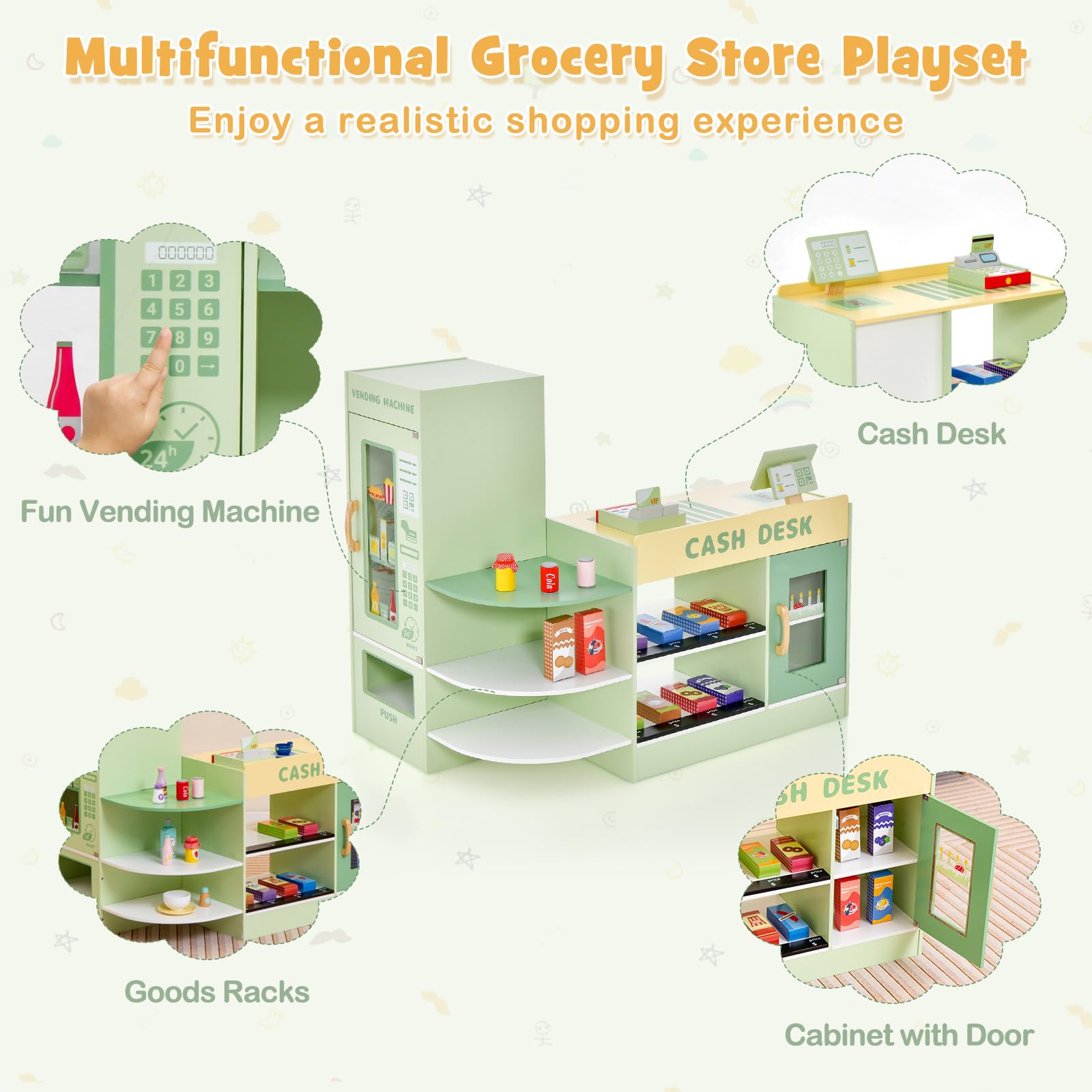 GLACER Wooden Pretend Play Grocery Store Set for Kids Ages 3-8 - 15-Piece Playset with Cash Register, POS System, Vending Machine & Chalkboard - Educational Toy for Boys & Girls - Perfect for Role Play, Preschool Learning & Birthday Gifts