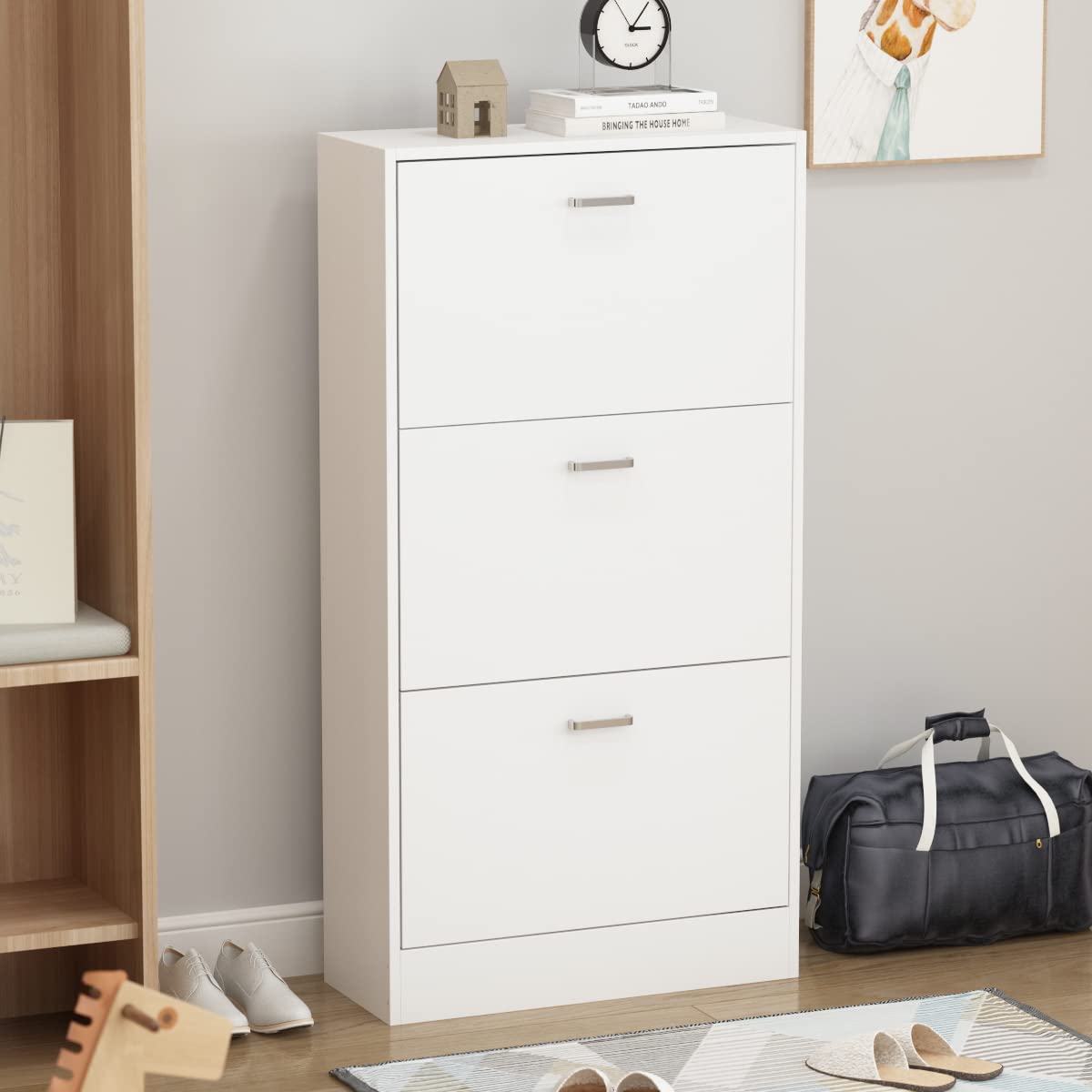 AIEGLE 3-Tier Flip Front Shoe Storage Cabinet - Freestanding Entryway Shoe Organizer with Adjustable Shelves, White Shoe Rack (23.6