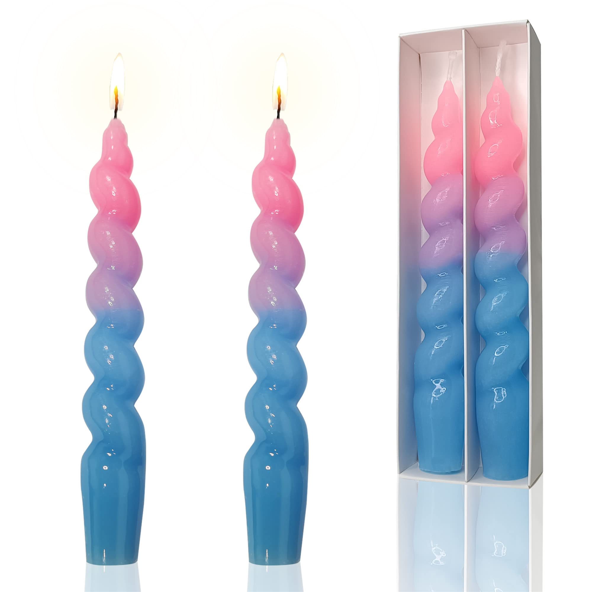 Handmade Spiral Taper Candles - Dripless 7.5 Inch Twisted Dinner Candles for Home Decor, Wedding & Holiday Party (Set of 2, Blue & Pink) | Perfect for Romantic Dinners, Centerpieces & Special Occasions