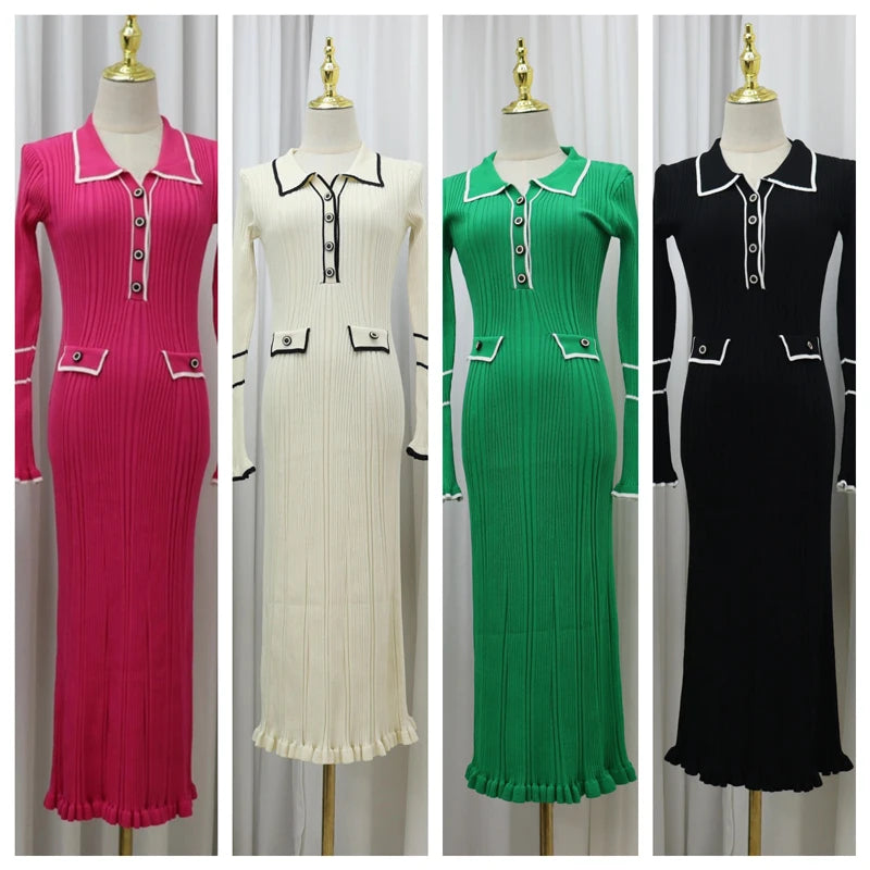 Autumn 2024 Women's Fashion Long Sleeve Single Breasted Patchwork Knit Dress - Elegant Office Wear & Business Casual Dress for Work, Meetings, and Professional Events