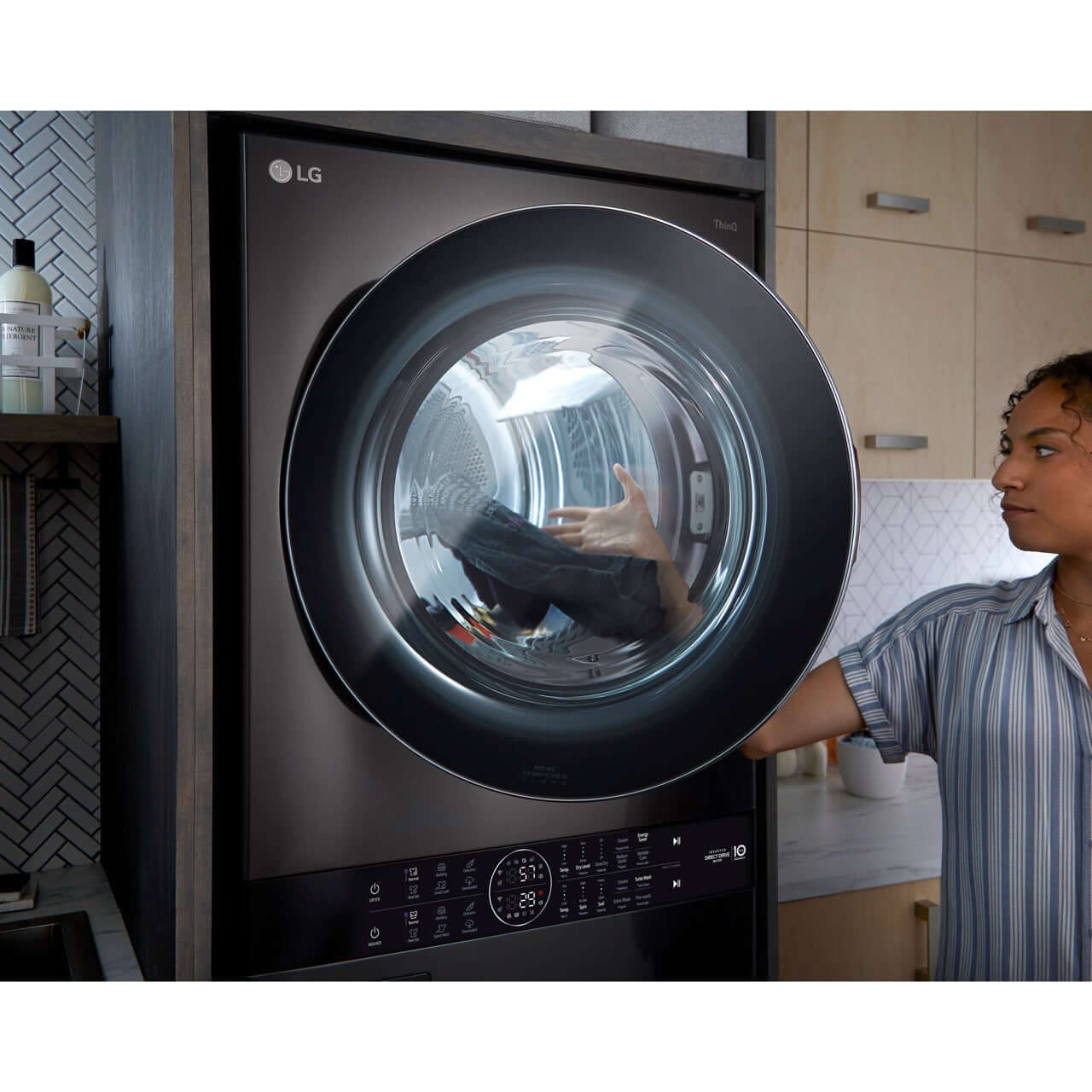 LG WKEX200HBA Black Steel Electric WashTower with Center Control - Compact Laundry Solution for Apartments, Dorms & Small Spaces
