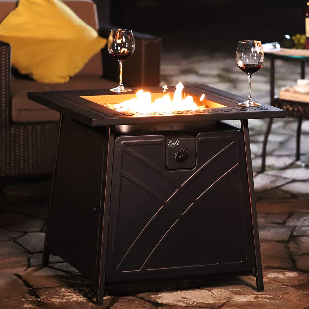 BALI OUTDOORS 28 Inch Square Propane Fire Pit Table - 50,000 BTU Outdoor Gas Fire Pit with Lid & Blue Fire Glass - Perfect for Patio, Backyard, Deck, and Garden Gatherings