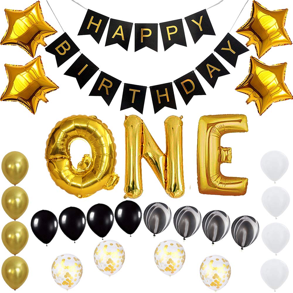 Happy 1st Birthday Banner & Balloons Set - Gold & Black Party Decorations for Baby's First Birthday - Perfect for Birthday Parties, Photo Backdrops & Celebrations