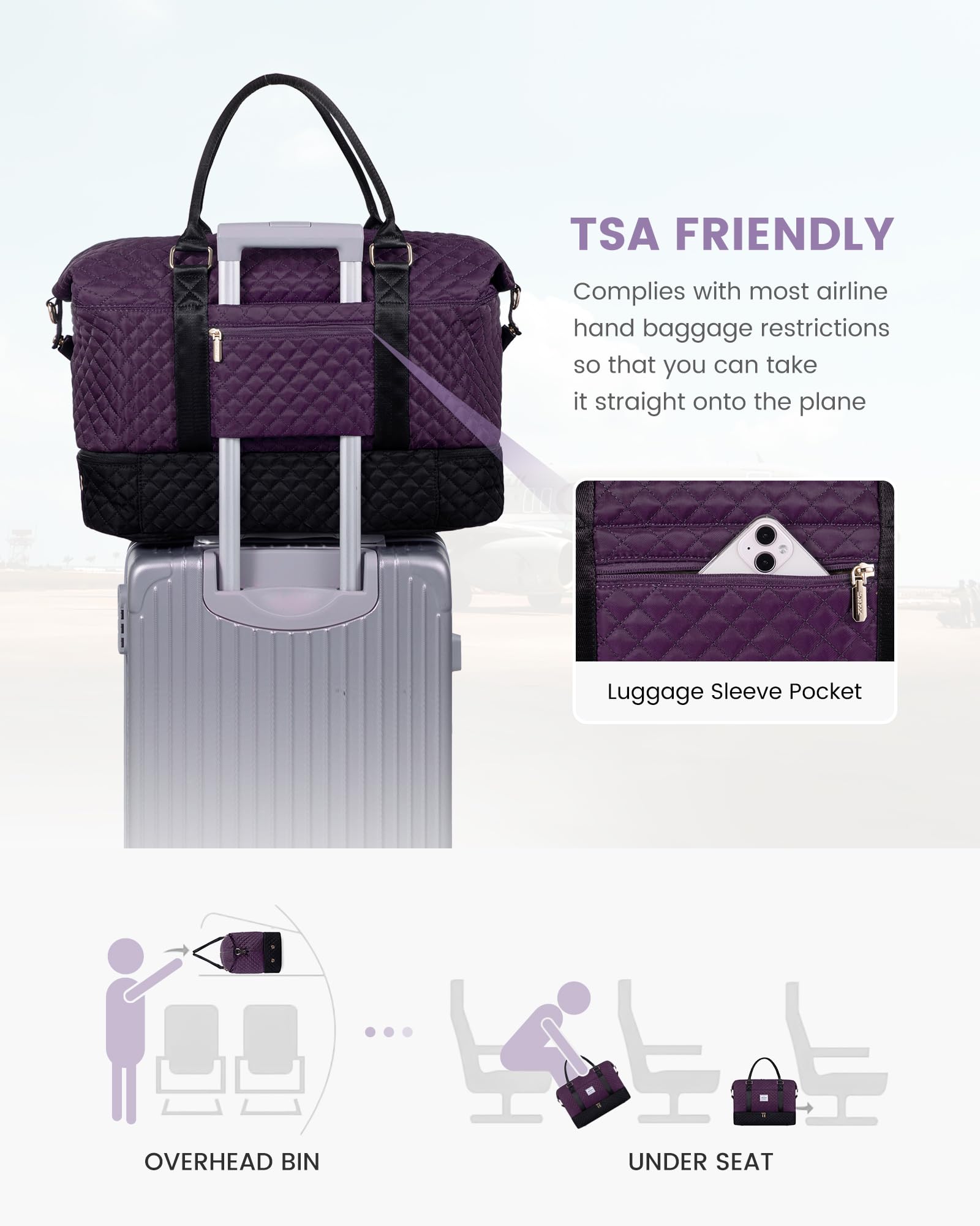 LOVEVOOK Women's Travel Weekender Bag with Shoe Compartment - 3 Piece Carry On Overnight Duffle Bag Set for Gym, Yoga, Hospital & Labor Delivery - Includes Wet Pocket for Toiletries - Perfect for Weekend Getaways, Business Trips & Maternity Hospital Stays