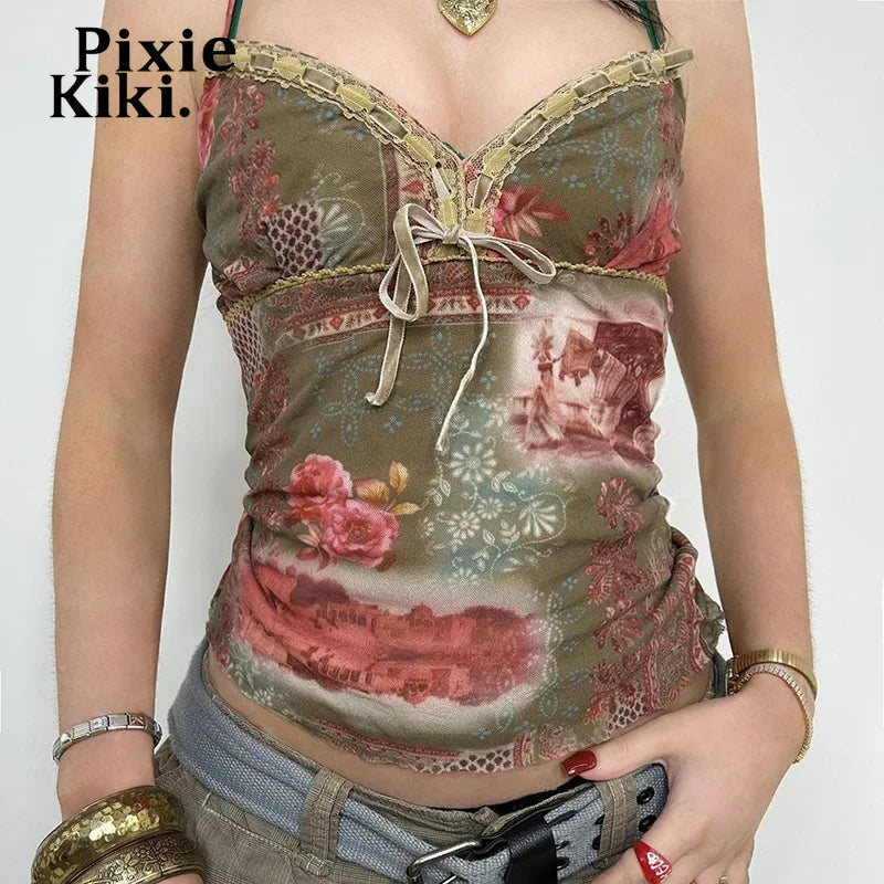 2000s Y2K Women's Summer Tops - Retro Floral Print Mesh Sheer Bow Lace Trim V-Neck Tank Tops & Camisoles | Vintage Fashion for Casual Wear, Beach Outfits & Music Festivals