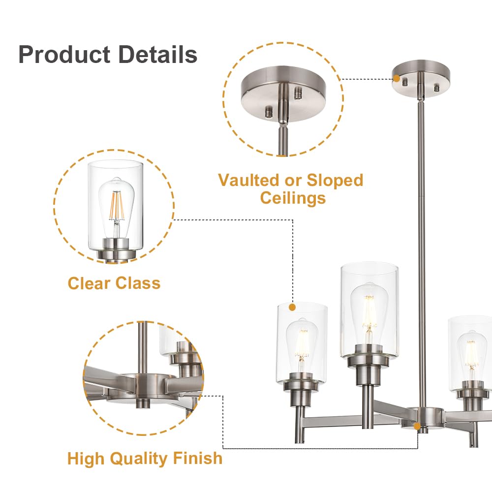 VINLUZ 4-Light Modern Chandelier - Brushed Nickel Pendant Lighting with Clear Glass Shades - Contemporary Ceiling Light Fixture for Dining Room, Kitchen & Living Room - Perfect for Home Decor, Interior Lighting and Modern Housewarming Gifts