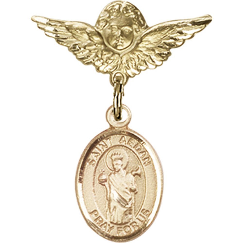 Gold Filled Baby Badge with St. Aedan of Ferns Charm & Angel Wing Pin - 1 x 3/4 Inch Religious Jewelry - Perfect for Christening Gifts, Baby Blessings & Catholic Keepsakes