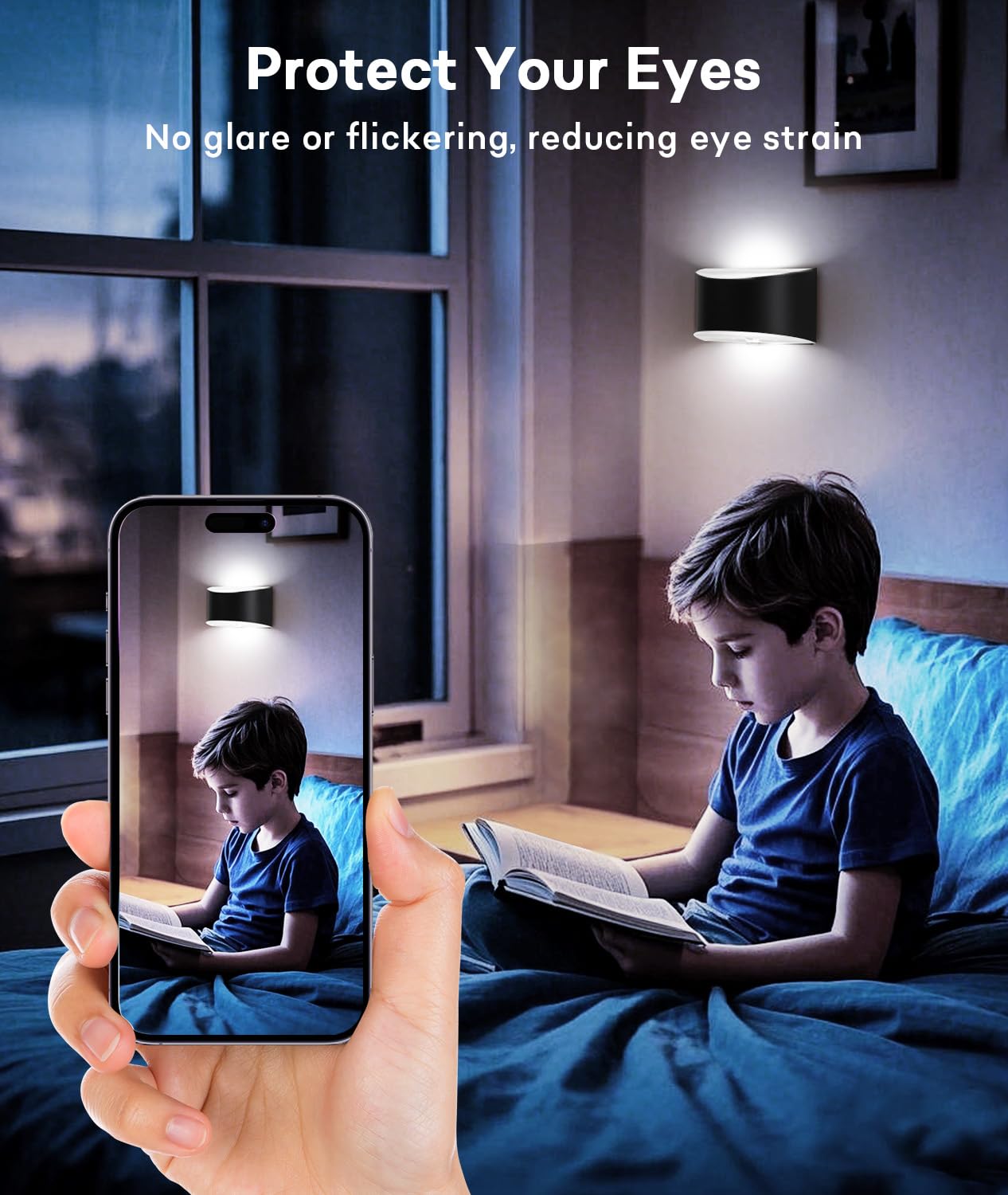 Lightess LED Wall Sconce - Rechargeable Battery Operated Dimmable Wall Light (3000K Cool White) for Bedroom, Hallway & Living Room | Cordless Black Wall Lamp for Modern Home Decor & Nighttime Ambience