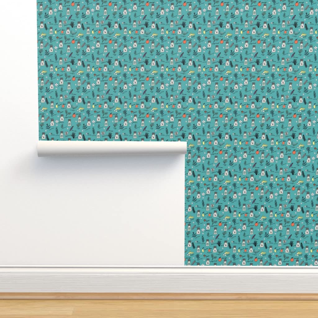 Removable Wallpaper 12ft x 2ft - Botanical Nature Medicine Turquoise Plants Design | Pre-Pasted Peel & Stick Wallpaper by Spoonflower | Perfect for Bedroom, Nursery, Office & Home Decor