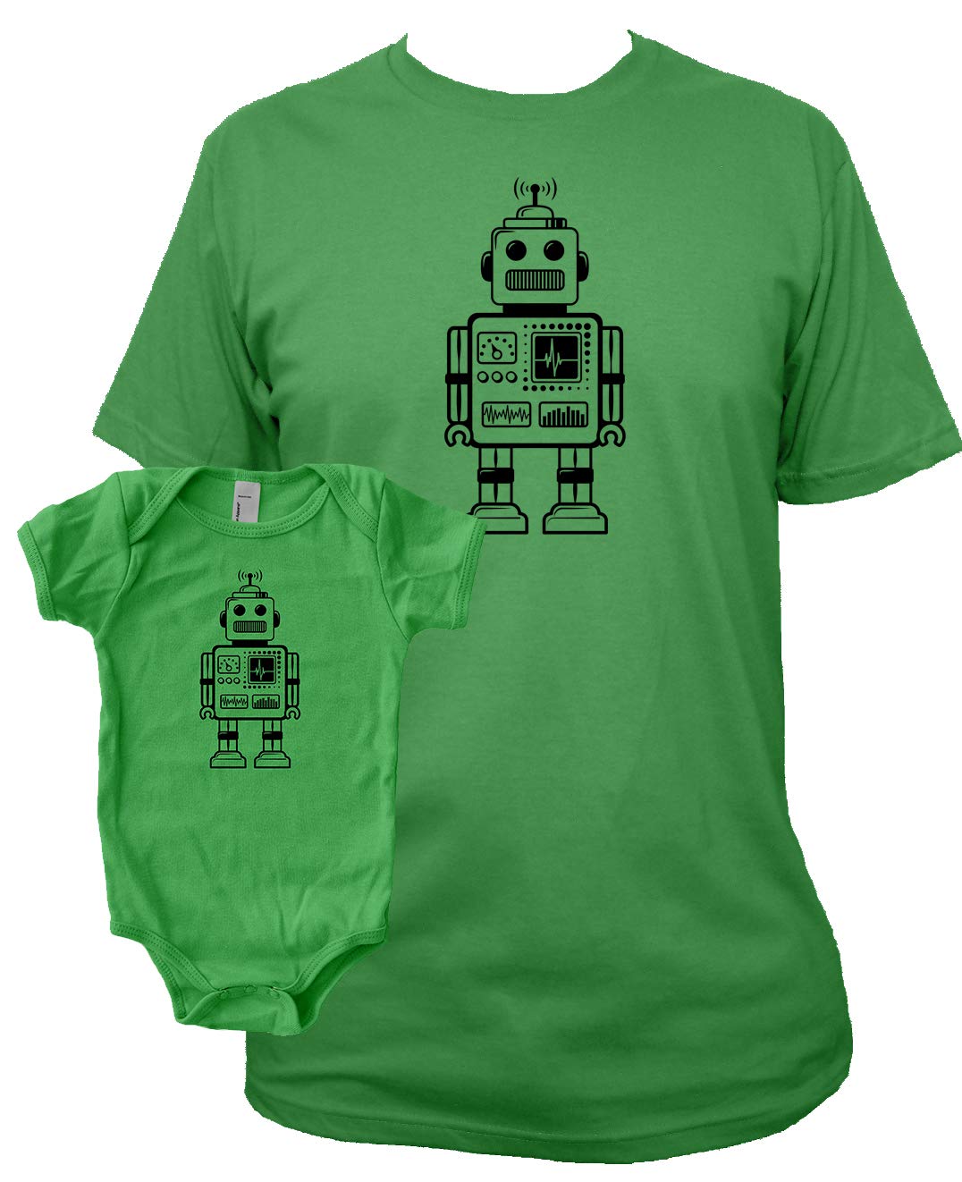 Father and Son Matching Robot T-Shirts - Green Cotton Tees for Dad & Baby (12-18 Months) | Fun Family Outfits for Father's Day, Birthday Parties & Casual Wear