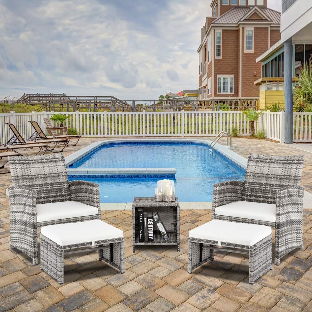 5-Piece Wicker Patio Furniture Set with Chairs, Ottomans & Table - Gray Gradient & White Rattan Outdoor Conversation Set for Balcony, Porch, Deck - Perfect for Backyard Relaxation and Outdoor Entertaining