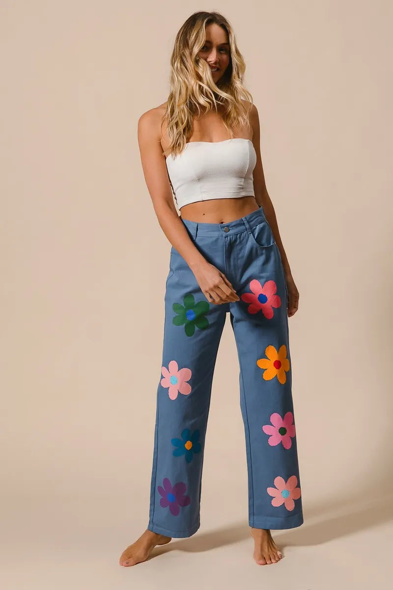 BiBi Floral Print Straight Leg Pants for Women - Casual & Comfortable Trousers for Everyday Wear, Office, and Outings