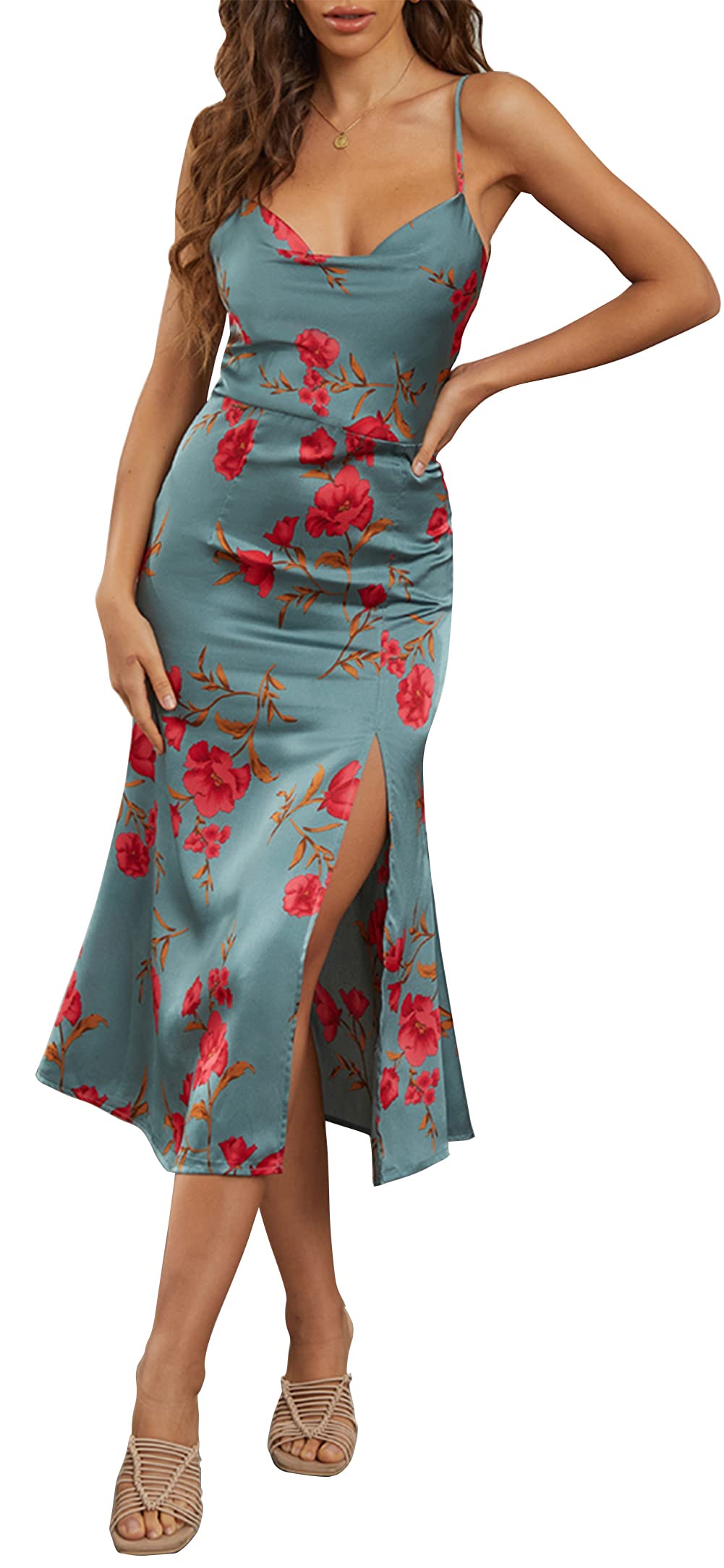 Elegant Women's Cowl Neck Spaghetti Strap Slit Satin Dress for Wedding Guest, Party & Formal Occasions - Backless Midi Dress with Side Slit | Perfect for Evening Events, Cocktail Parties & Special Occasions