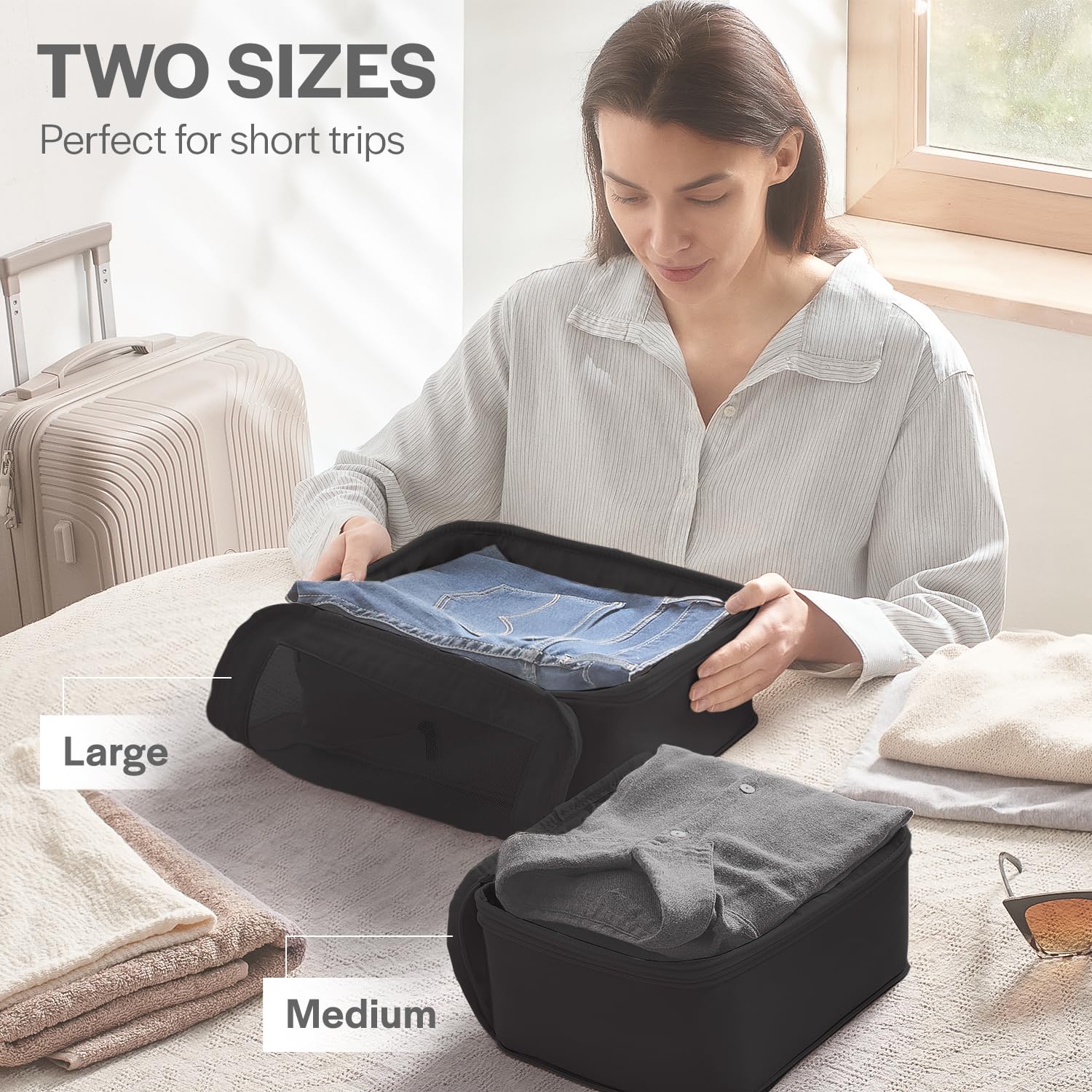 Travel Compression Packing Cubes - 2-Pack Black Luggage Organizer Bags with Double Zipper for Suitcases | Perfect for Business Trips, Vacations & Weekend Getaways