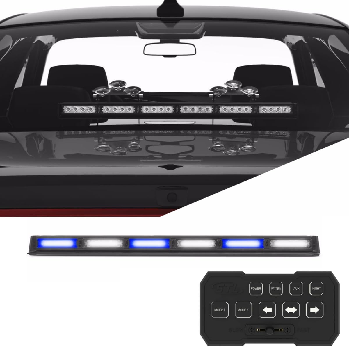 SpeedTech 6-Head LED Strobe Light Bar for Emergency Vehicles - TIR Optics, Windshield Mount, Blue/Clear Alternating Flashing with Cigarette Lighter Plug & Control Box - Perfect for Police Cars, Tow Trucks, Construction Vehicles & Roadside Hazard Warning