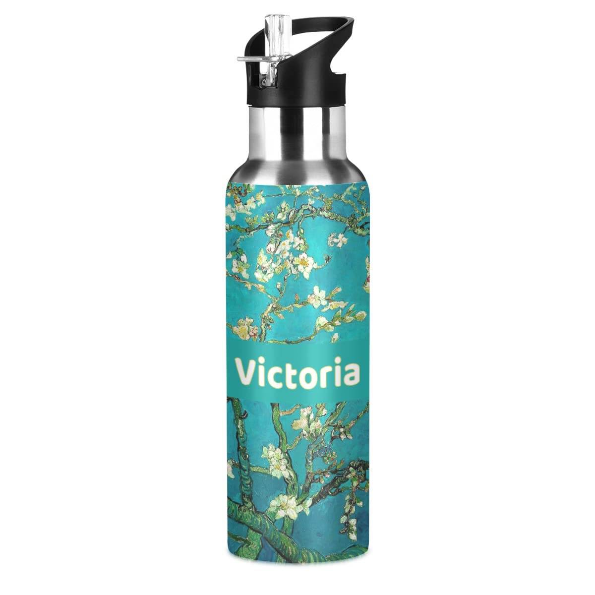 Personalized Blossoming Almond Floral Stainless Steel Insulated Water Bottle with Straw - 20oz Double Wall Vacuum Flask for Hot & Cold Drinks - Custom Engraved Gift for Women, Gym, Office & Outdoor Activities