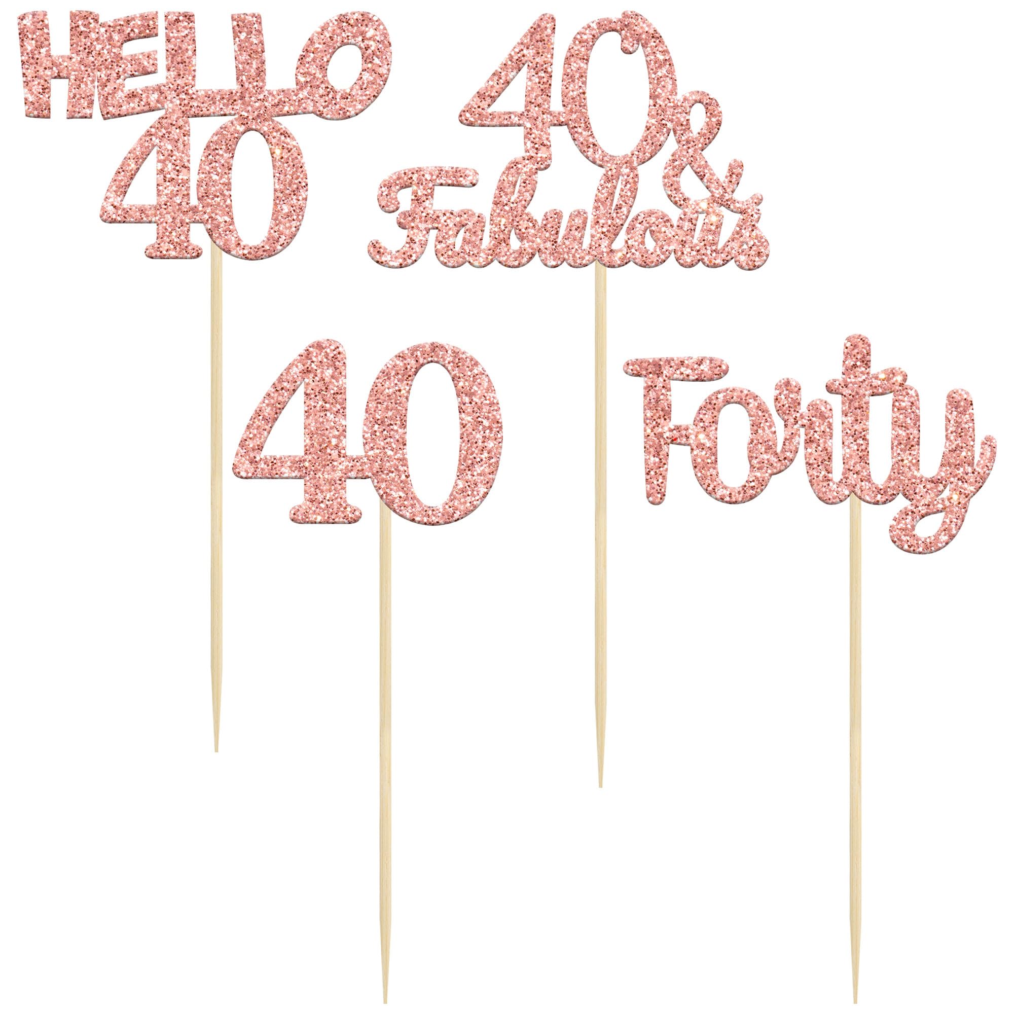 24 Pack Glitter 40th Birthday Cupcake Toppers - Hello 40 Forty Cake Decorations, 40 & Fabulous Rose Gold Cupcake Picks for Women's 40th Birthday Party, Anniversary, Retirement Celebration - Perfect for Cake, Cupcake, Dessert Decorating Supplies